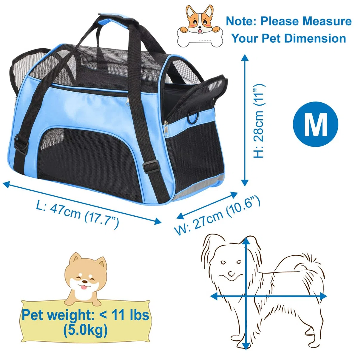 Trasportino da Viaggio per Animali Domestici Criceti Conigli Cani, Borsa Portatile per Animali Domestici Morbida Omologata Dalle Compagnie Aeree (M - 47x27x28 CM for Max 5KG Pet, Blu)
