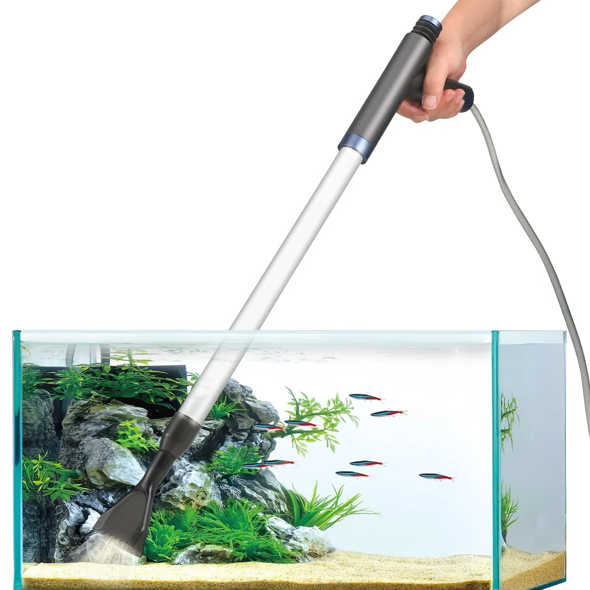 Aspiraghiaia per acquari, 4 in 1 Pulizia Acquario Multifunzionale, regolabile manuale Pulizia Acquario Ghiaia, Cambia Acqua per acquari, Cambio Acqua, Pulizia Sabbia, Rimozione Sporco, Filtraggio