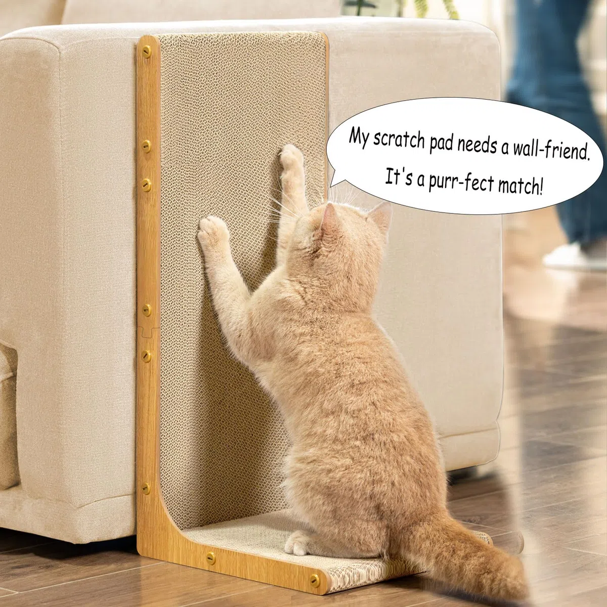 Conlun Graffietto per Gatti, 58 cm Forma a L da Parete, Tiragraffi Verticale, Cartone Resistente per Proteggere i Mobili da Gatti Domestici, Grande,Effetto legno