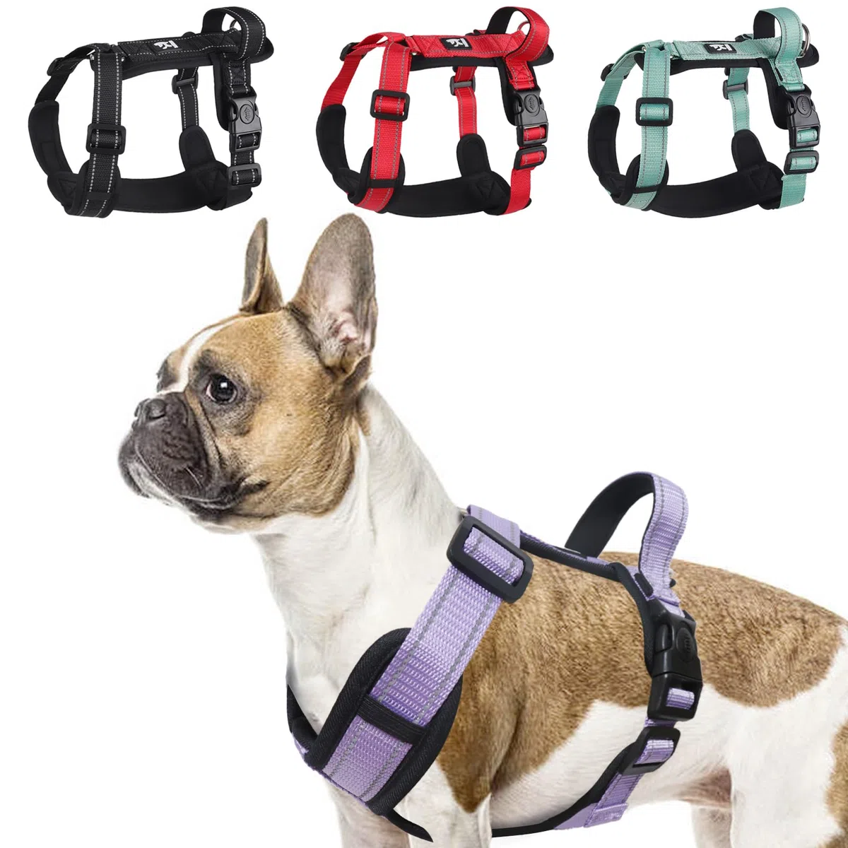 Pettorina per cani, imbracatura per cani a forma di H con clip frontale con manico, imbracatura riflettente per bulldog francese, imbracatura per cani di taglia media e piccola, viola, XL