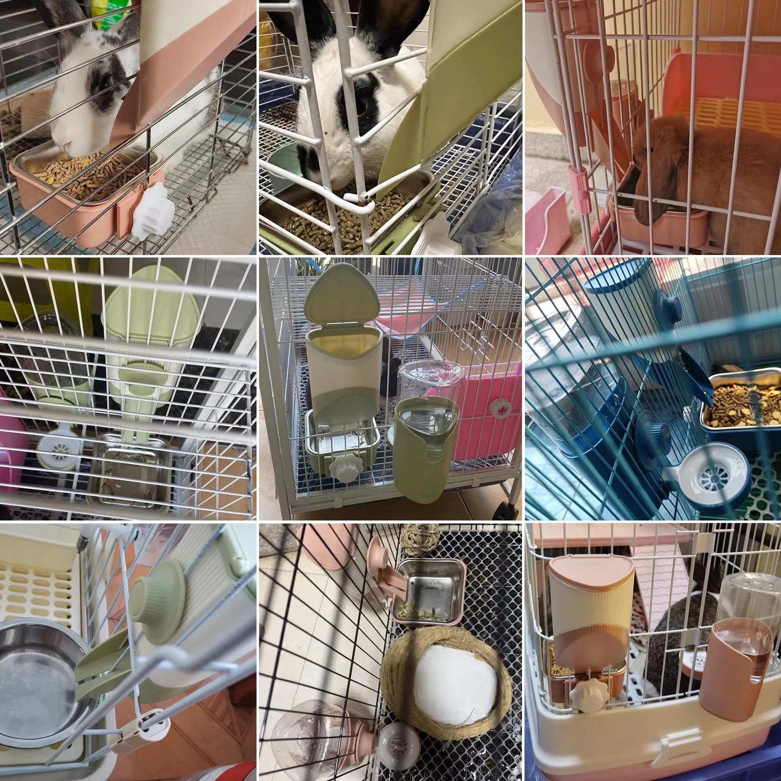 Porta Fieno Conigli, Set di alimentazione 3 in 1 con ciotola per cibo e imbuto sospeso per gabbia, Mangiatoia per Coniglio Cavia Cincillà Piccoli Animali (Rosa)
