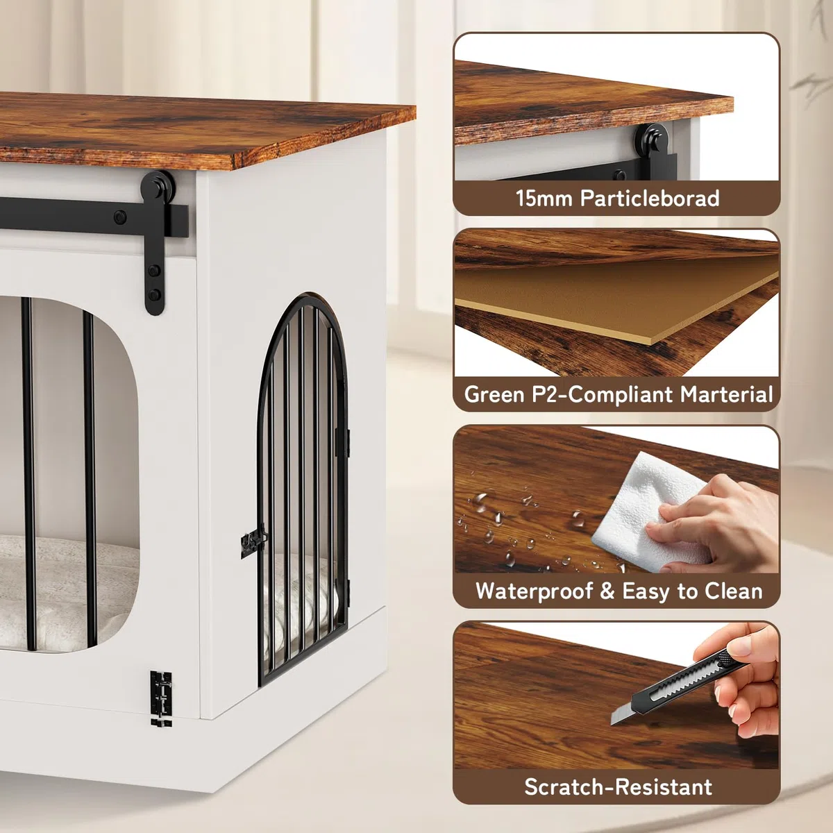 Gabbia per Cani Mobile 100 cm, XL Cassa per Cani da Casa con 3 Porte Scorrevoli, 100x60x69cm, Bianco & Marrone