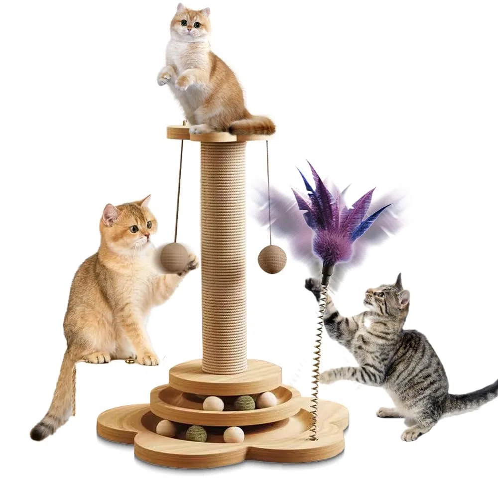 Giocattolo Interattivo per Gatti in Legno,50CM Tiragraffi 4 in 1 Giocattolo per Gatti,Giochi per Gatti con Palla Appesa e Piuma Elastica,Cat Toy per Gatti Piccoli/Medi,Gioco cura Degli Artigli