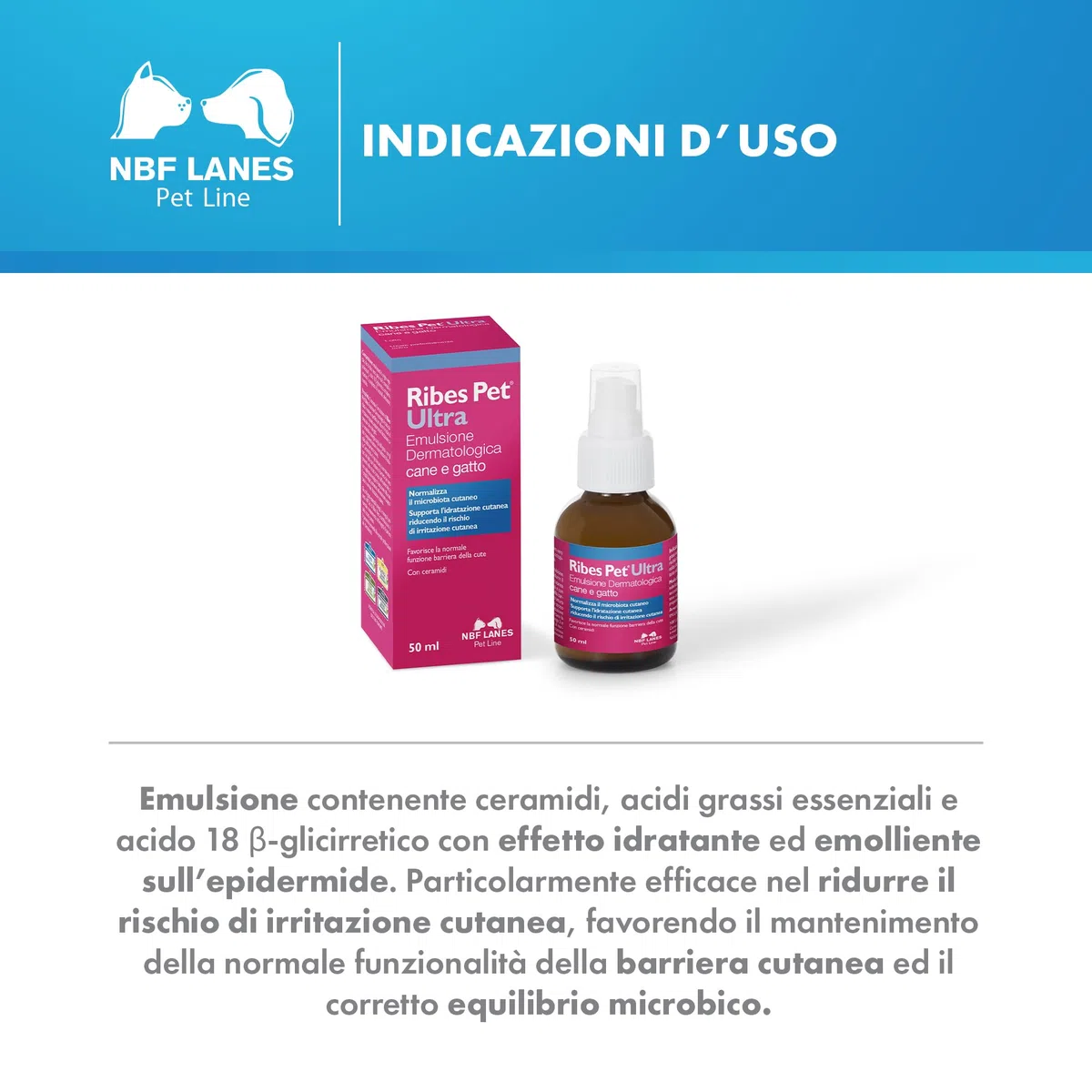NBF Lanes | Ribes Pet Ultra Emulsione Dermatologica a Cristalli Liquidi Cane e Gatto 50 ml, Normalizza il Microbiota Cutaneo, Favorisce la Normale Funzione Barriera della Cute, con Ceramidi