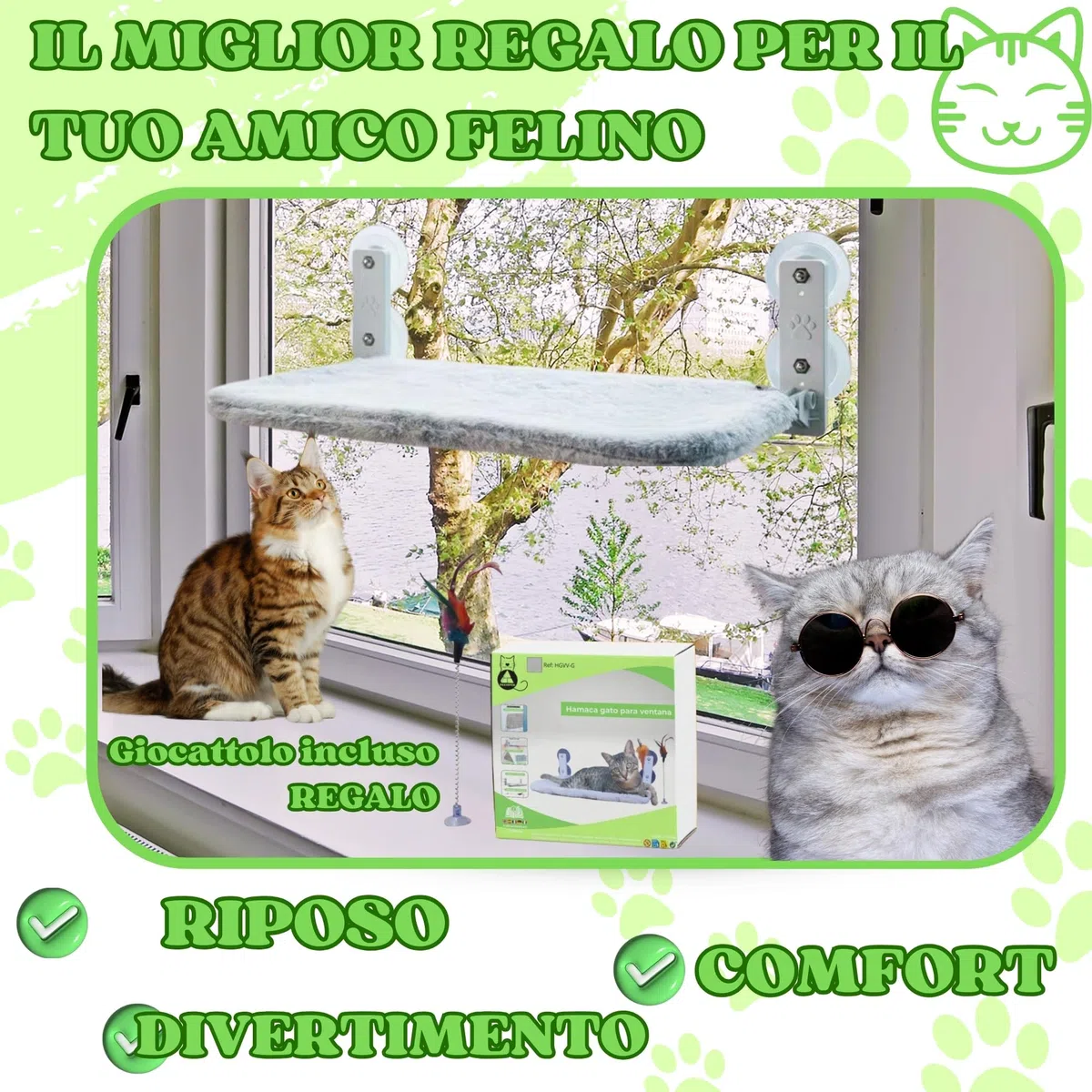 Amaca Gatto Finestra Pieghevole senza Cavi Letto per Gatto con Ventose Stabili Tappeto reversibile con Giocattolo Incluso Codice QR con Istruzioni e Video di Montaggio.