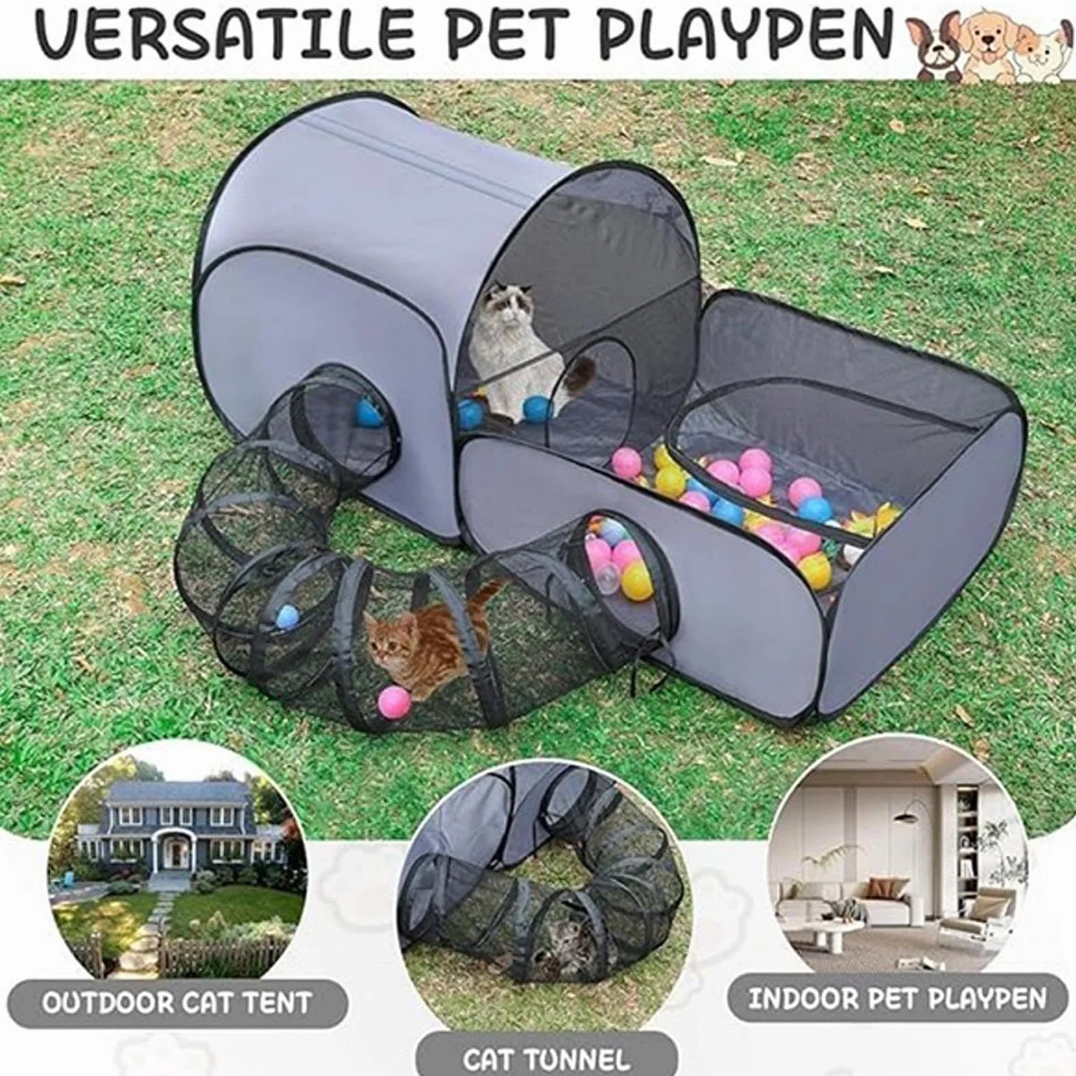 Box pieghevole per gatti con tunnel, tunnel per recinto per gatti, multifunzionale, con rete traspirante, portatile per animali domestici per interni ed esterni di piccoli animali
