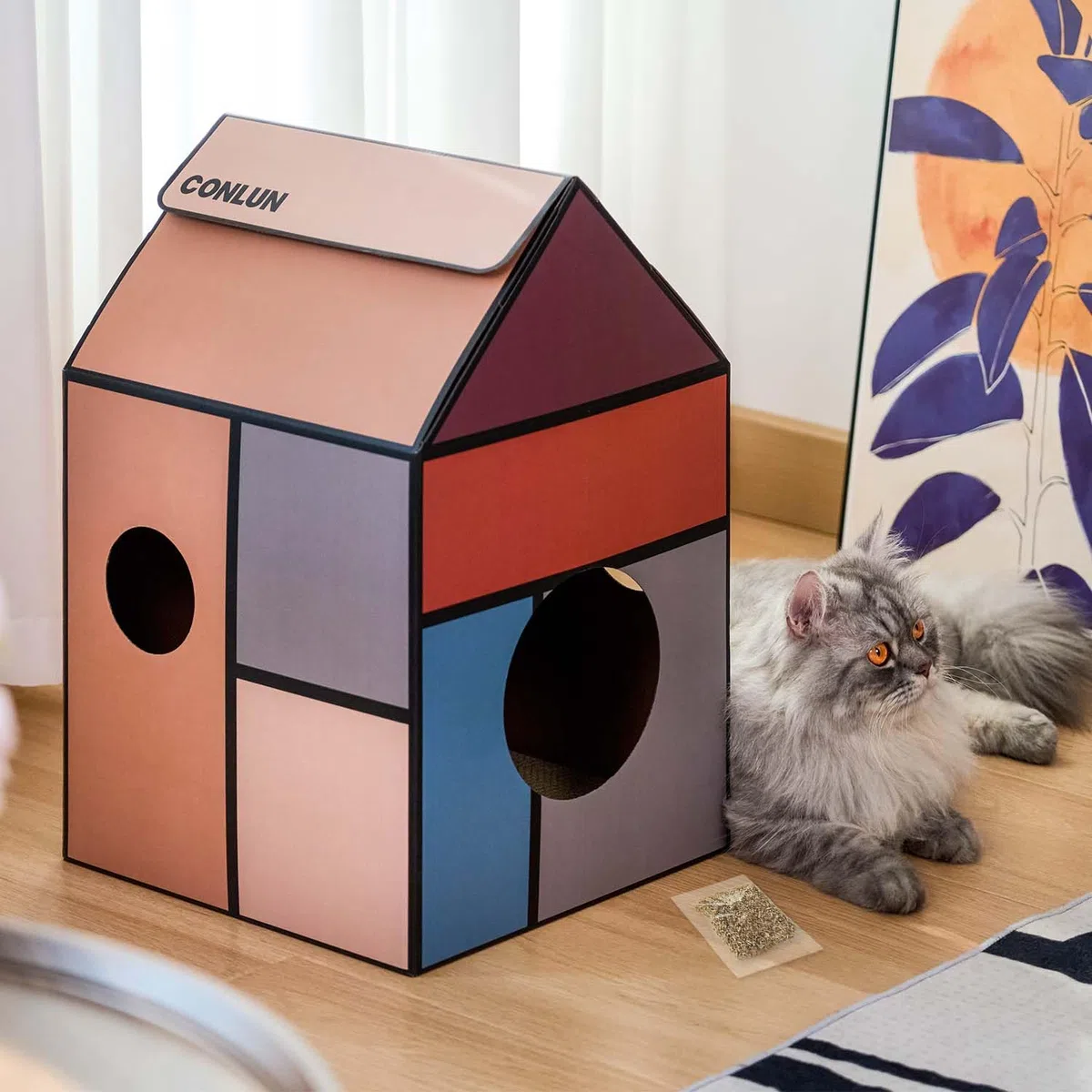 Conlun Cuccia Gatto in Cartone con Tiragraffi per Gatti & Catnip, Casa per Gatti in Cartone Facile da Montare, Adatta a Decorazioni Domestiche, Tiragraffi Gatto Domestici e Piccoli Animali, Medio