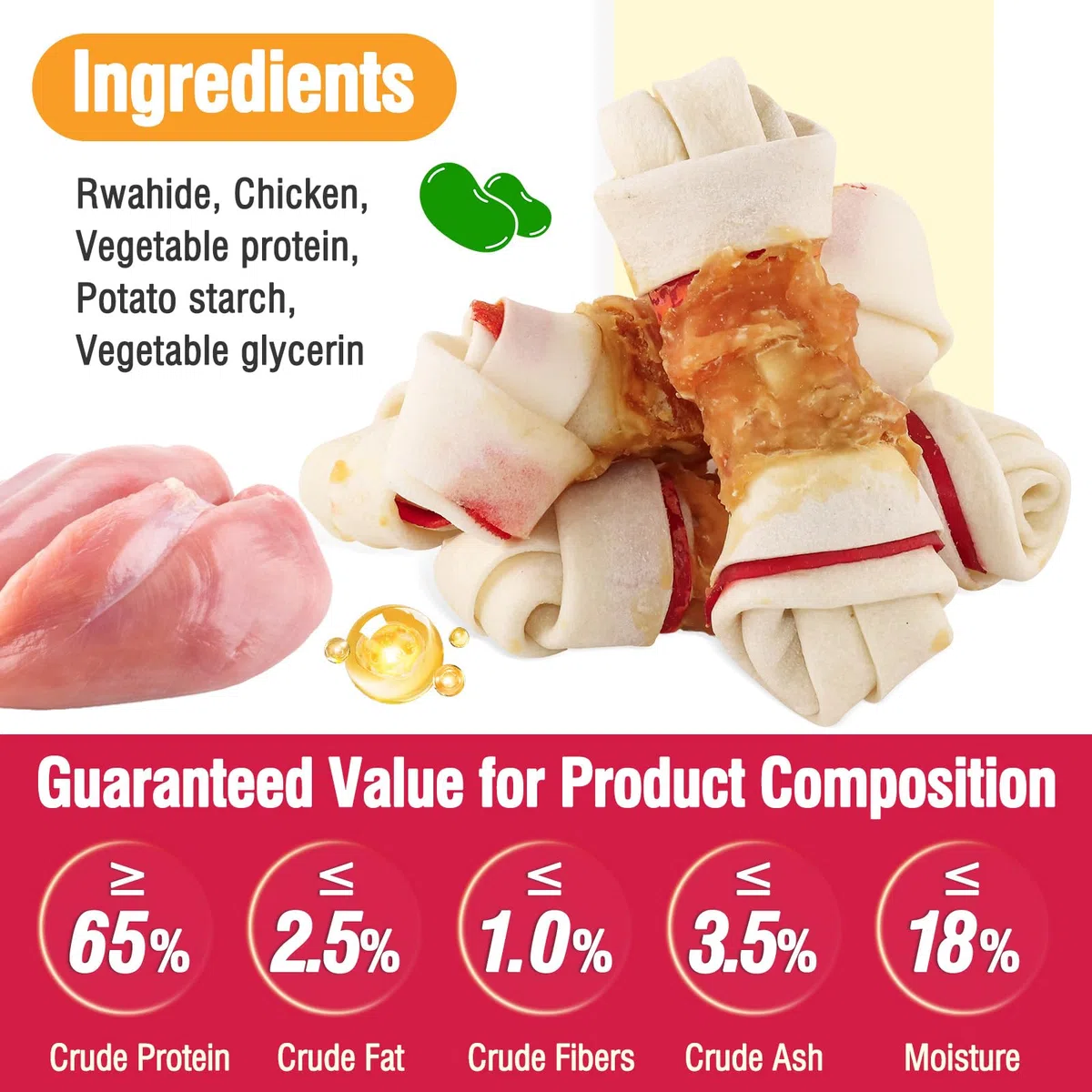 Snack per cani Ossa di pelle grezza avvolte nel pollo, ossa annodate avvolte nel pollo a lunga durata da masticare per cani 4,5", snack per l'addestramento facili da digerire,200G (200G)