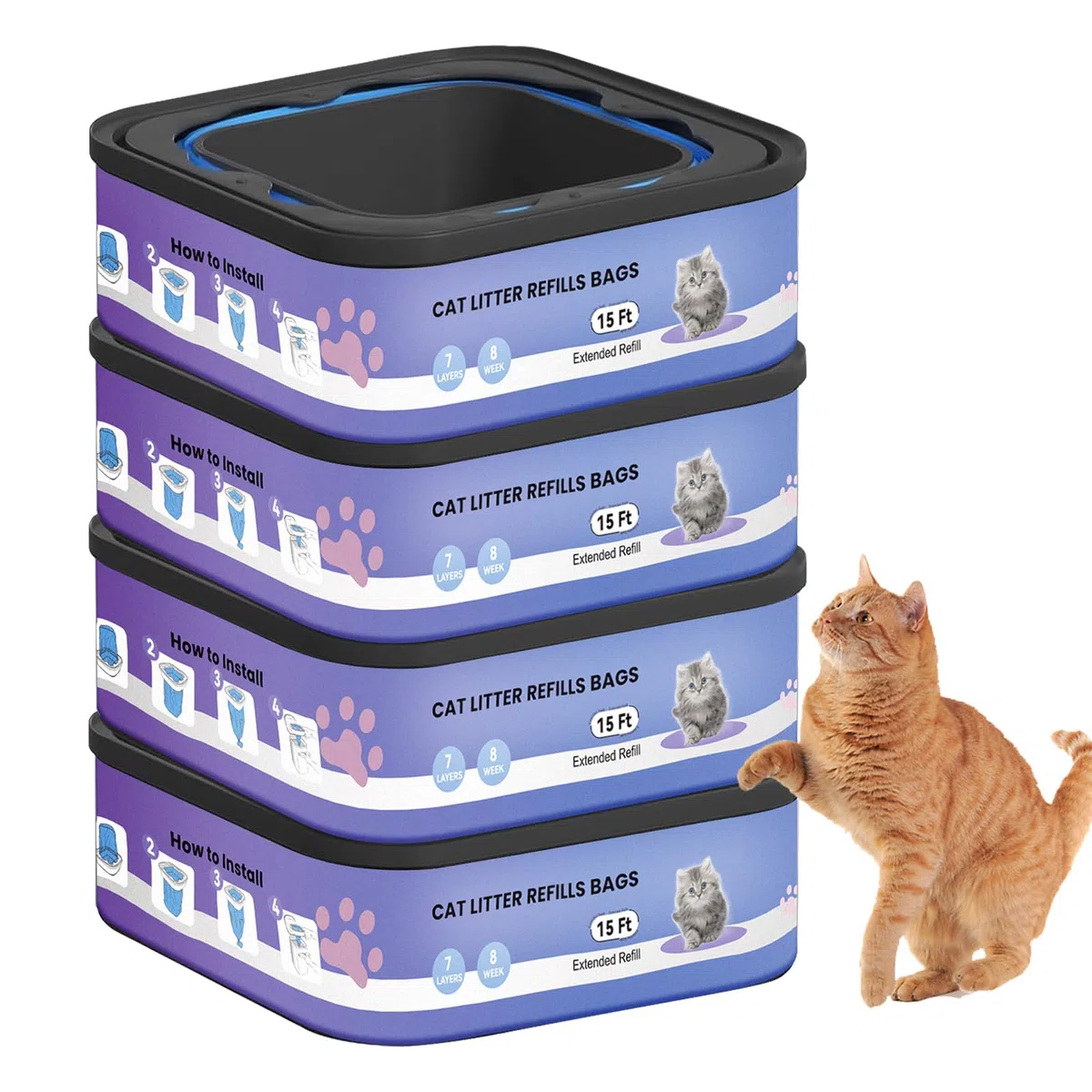 compatibili con i modelli Litter Genie Standard,Plus,XL e Style Box Refills,Controllo dell'odore super potente，Ricarica per Gatti，4,5 m per confezione, 4 ricariche
