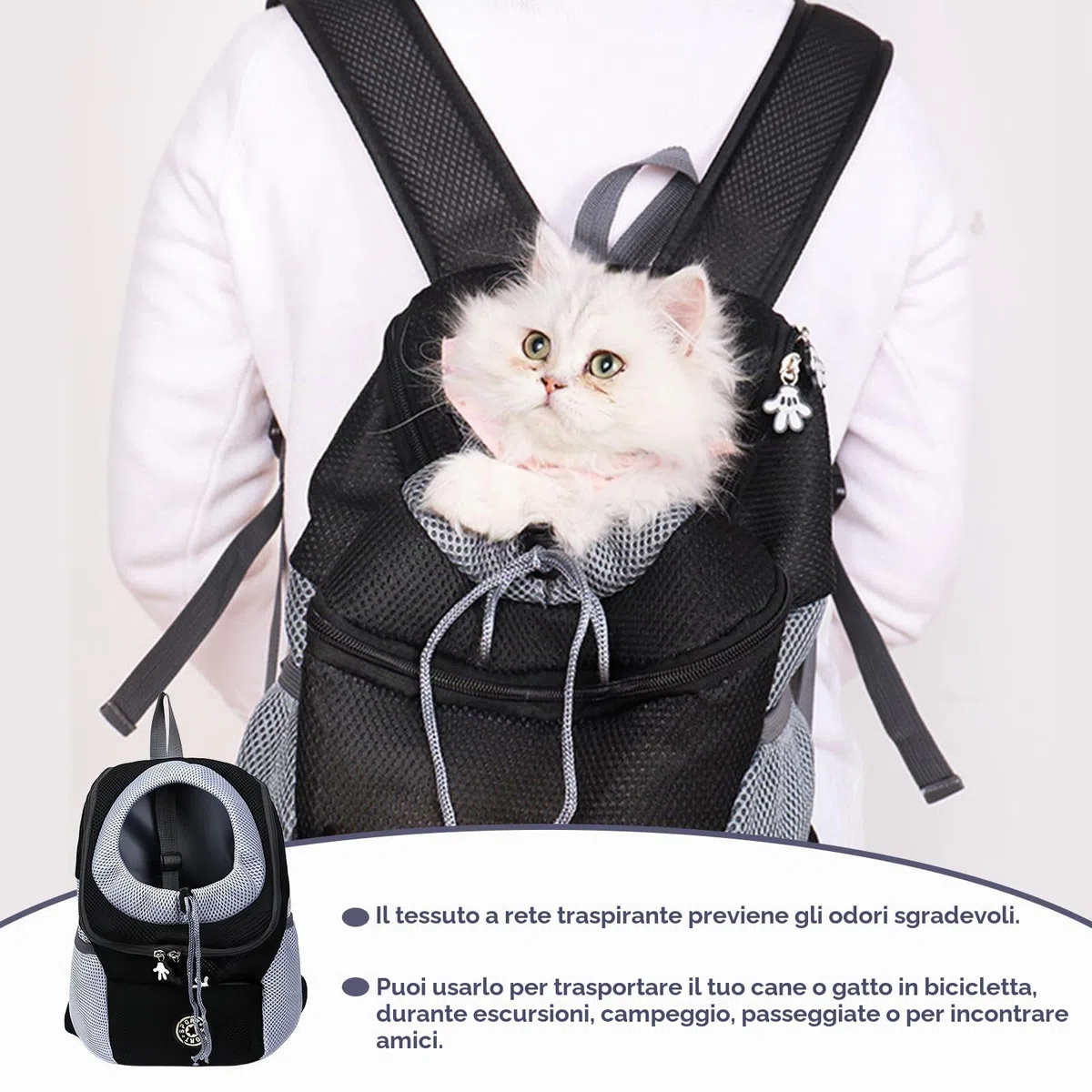 Zaino Traspirante per Cani e Gatti con Finestra, Trasporto Portatile Regolabile (Nero, M)