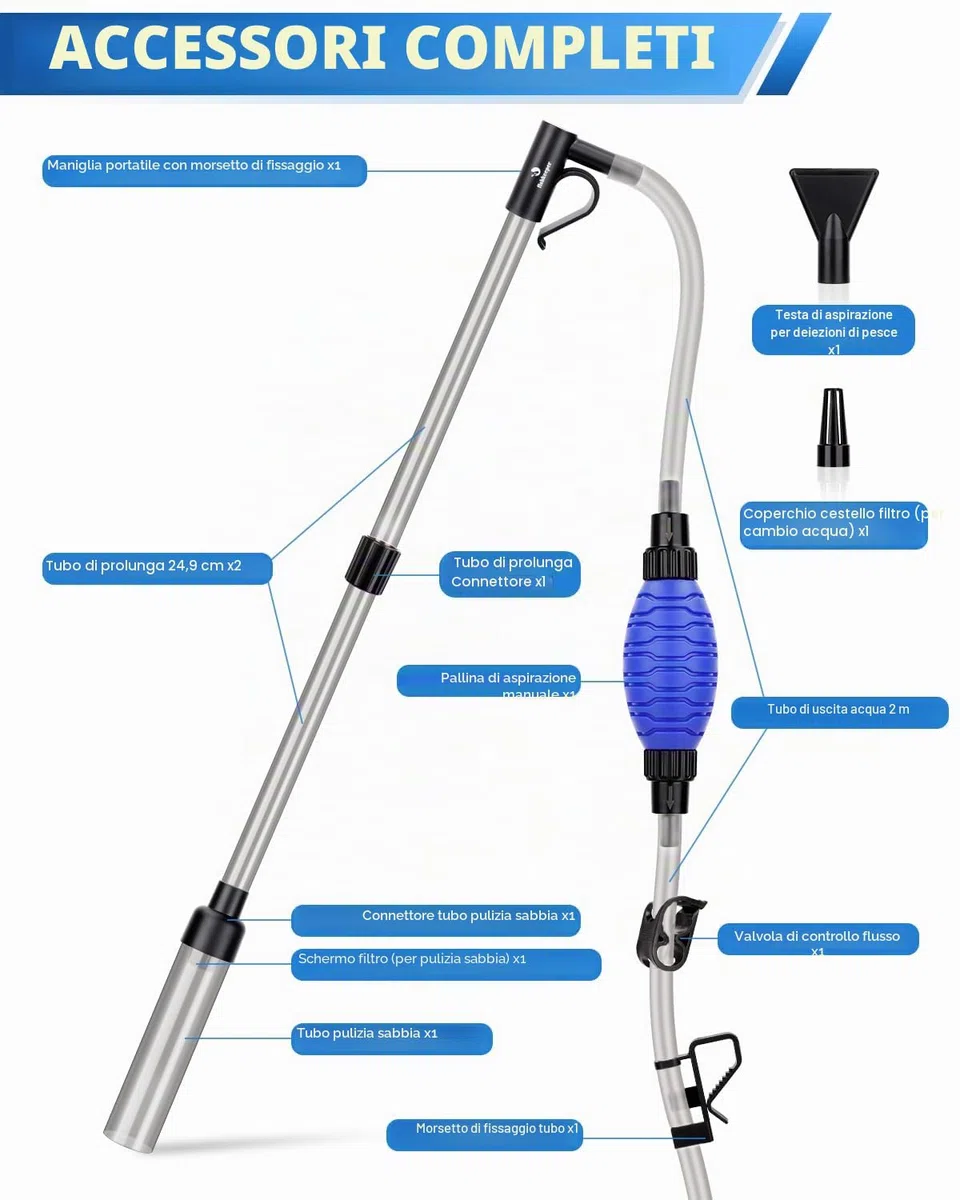 Cambio dell'acqua dell'acquario, pulizia dell'acquario, kit per la pulizia della ghiaia dell'acquario con flusso d'acqua regolabile per la pulizia della sabbia (S-per profondità fino a 55 cm)