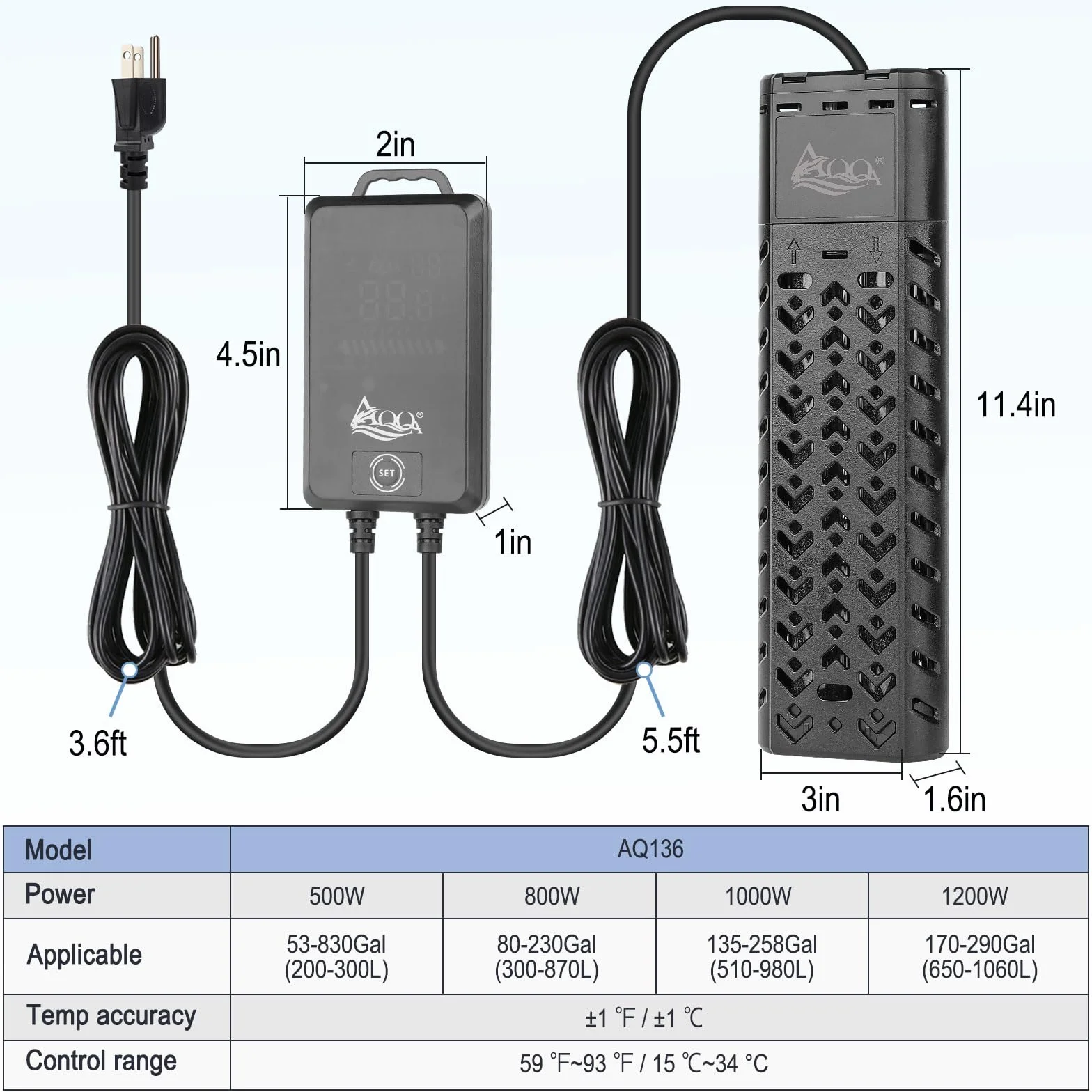 AQQA Riscaldatore per acquario, 500 W, barra riscaldante regolabile per acquari, con display digitale esterno, controller LED per 100 – 300 l