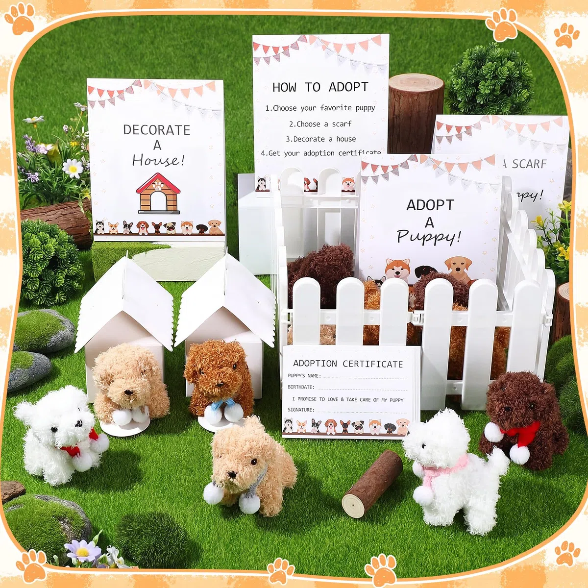 60pcs Adopt a Puppy Dog Party Favors Peluche Cani Ripieni Giocattoli Set Include 12 Mini Animali Di Peluche Animali, 12 Sciarpe Cucciolo, 12 Carte Adozione, 12 Scatole Casa, 4 Segnali di