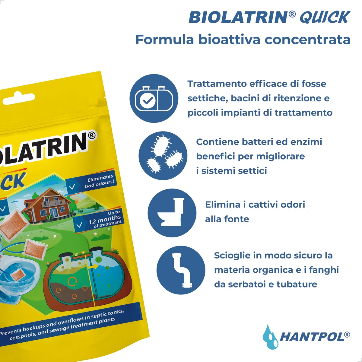 QUICK - Trattamento Biologico Avanzato per Fosse Settiche - per Casa, Fattoria, Aree Ricreative - Risultati Rapidi - Adatto a Sistemi Moderni - Sufficiente per 1 anno - 12 sacchetti - 400G