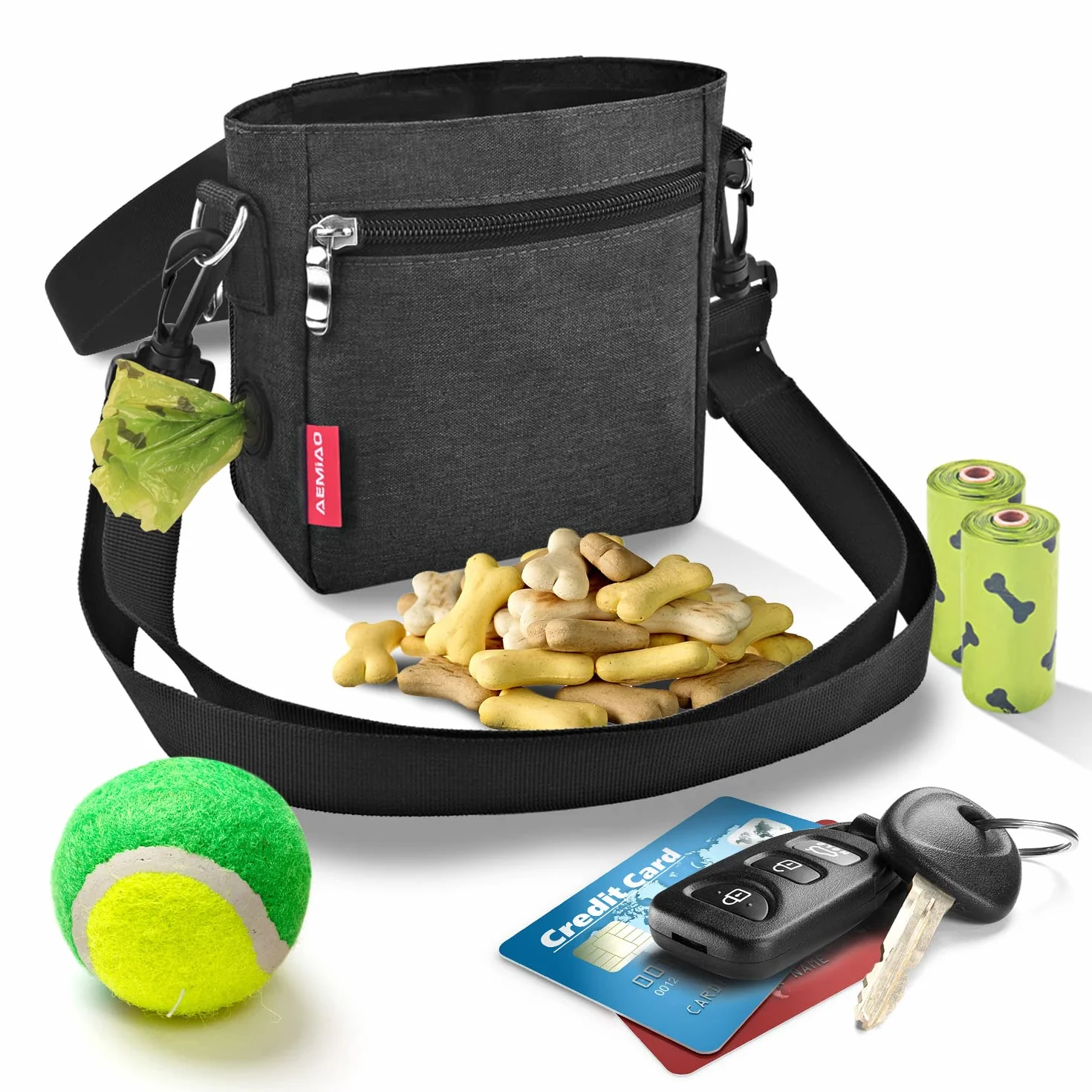 Borsa Addestramento Cane con Chiusura Magnetica, Sacchetto di Allenamento per Cani con Dispenser Integrato, Borsa Porta Snack per Ccon Tracolla Regolabile per Uso Estani erno, Grigio Scuro