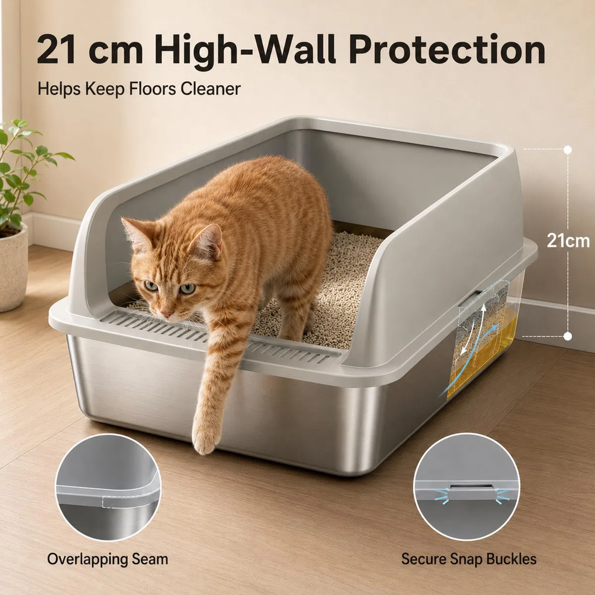 Set di 2 lettiere per gatti in acciaio inox, grande lettiera in acciaio inox, con bordo alto, per gatto, 60 x 40 x 20 cm, pala per gatti (L)
