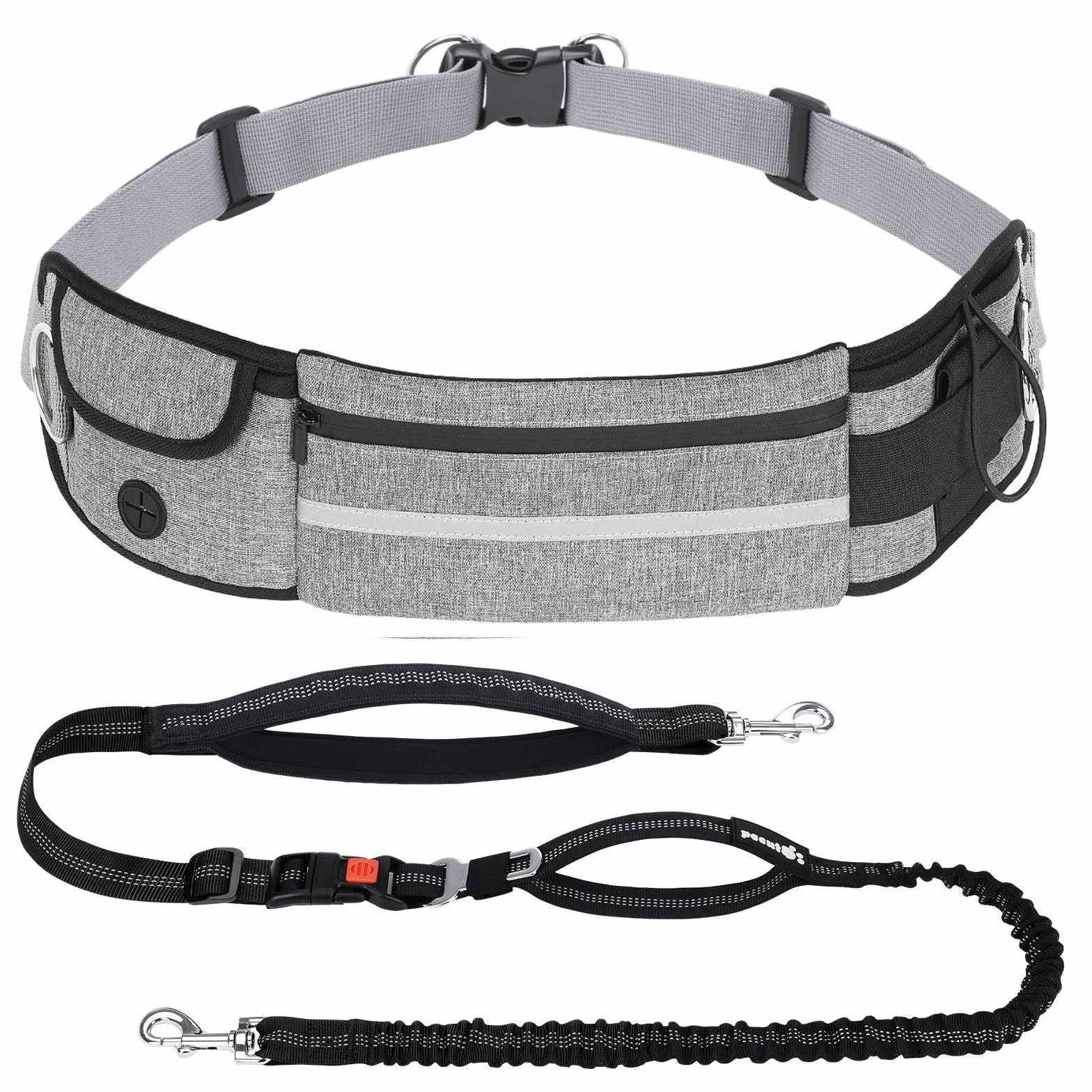 Pecute Guinzaglio Mani Libere per Cani,Guinzaglio per Cani, Camminata, Allenamento, Escursionismo, Cintura in Vita Regolabile e Custodia per l'acqua, per Corsa, Jogging, Grigio Chiaro