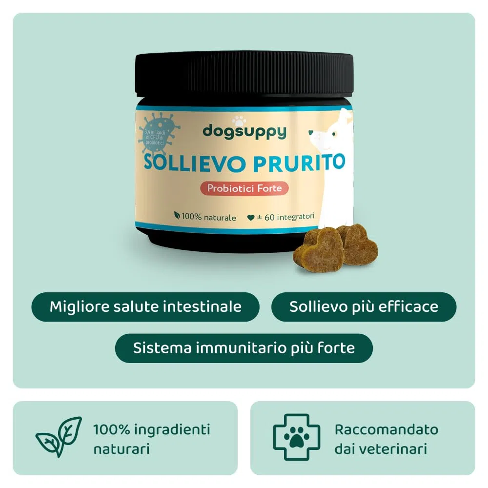 DogSuppy Sollievo Prurito Probiotici per Cani – Ferma Prurito, Grattamento, Leccamento delle Zampe, Allevia Allergie e Lieviti, 100% Naturale, Sostiene Intestino e Immunità, Carne Bovina