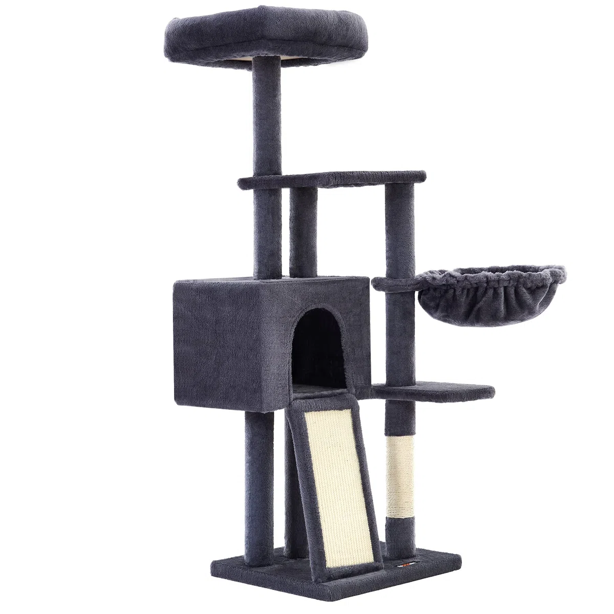 FEANDREA Albero per Gatti, Tiragraffi Piccolo da 135 cm, Condominio per Gatti in Peluche a più Livelli con Copertura per Trespolo Rimovibile Lavabile, Graffiatoio, Cesto, Grotta, Grigio Scuro
