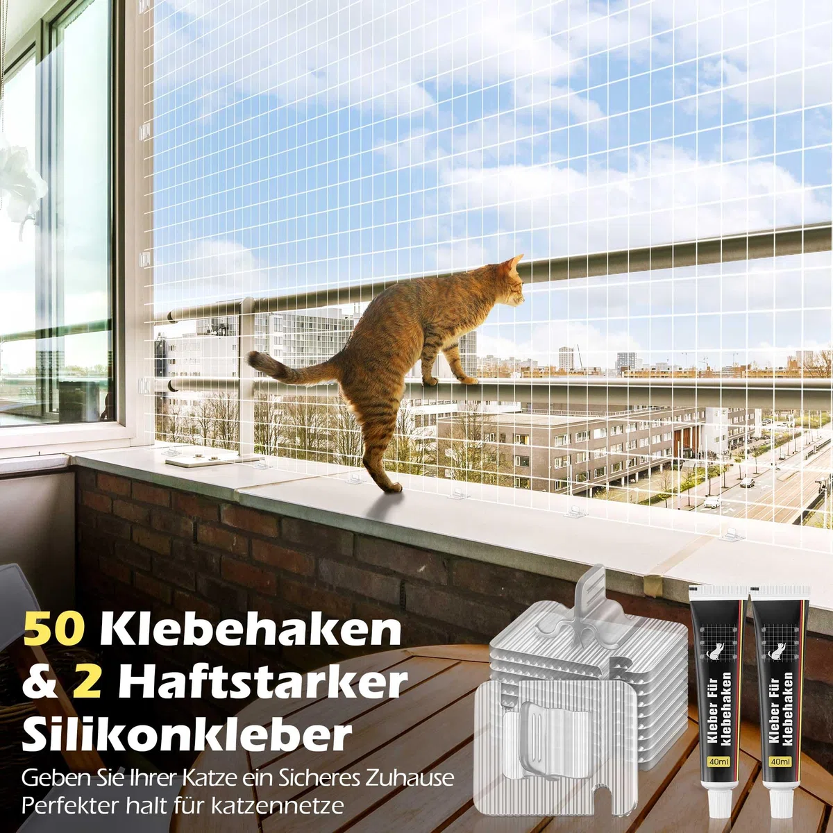 Enhon 50 Pezzi Ganci Adesivi per Zanzariera per Gatti per Balcone con 2 Pezzi 40ml Adesivo di Montaggio Extra Forte, Pc Trasparente, Resistente Ai Raggi UV, per Gatti per Balcone Senza Forare