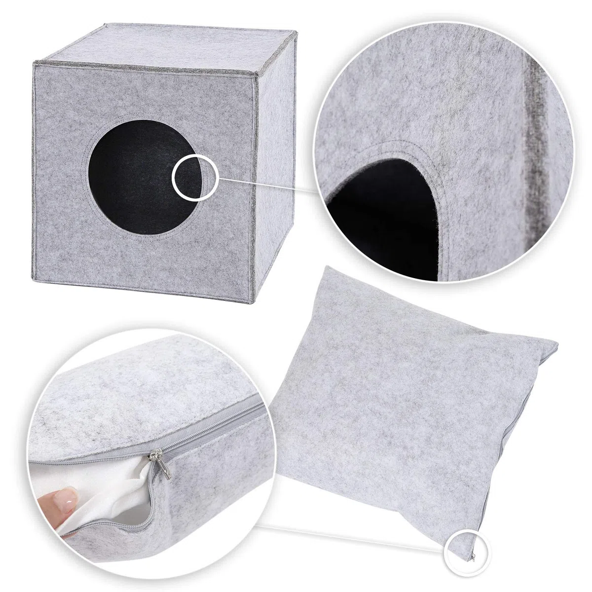 lionto Tana per gatti in feltro stabile adatta a scaffali e sistemi modulari, 33x37x33 cm, cuccia pieghevole a cubo autoportante, facile da pulire con cuscino accogliente, grigio chiaro