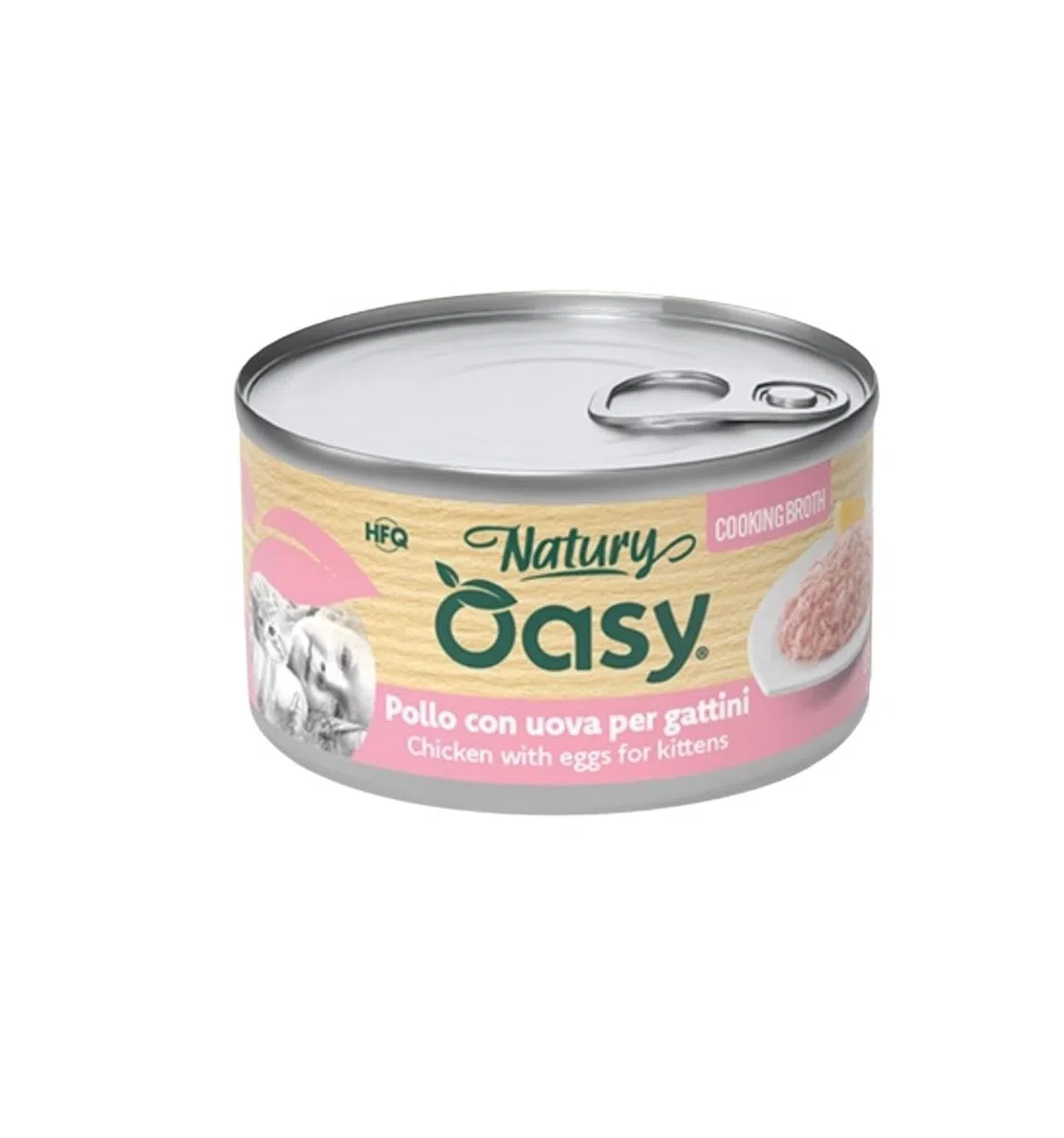 Oasy Umido Gatto Kitten Natury Cooking Broth gusto Pollo con Uova, morbidi sfilaccetti naturali in Brodo di Cottura per gattini di tutte le taglie e razze | 12 scatolette da 85 grammi l’una.