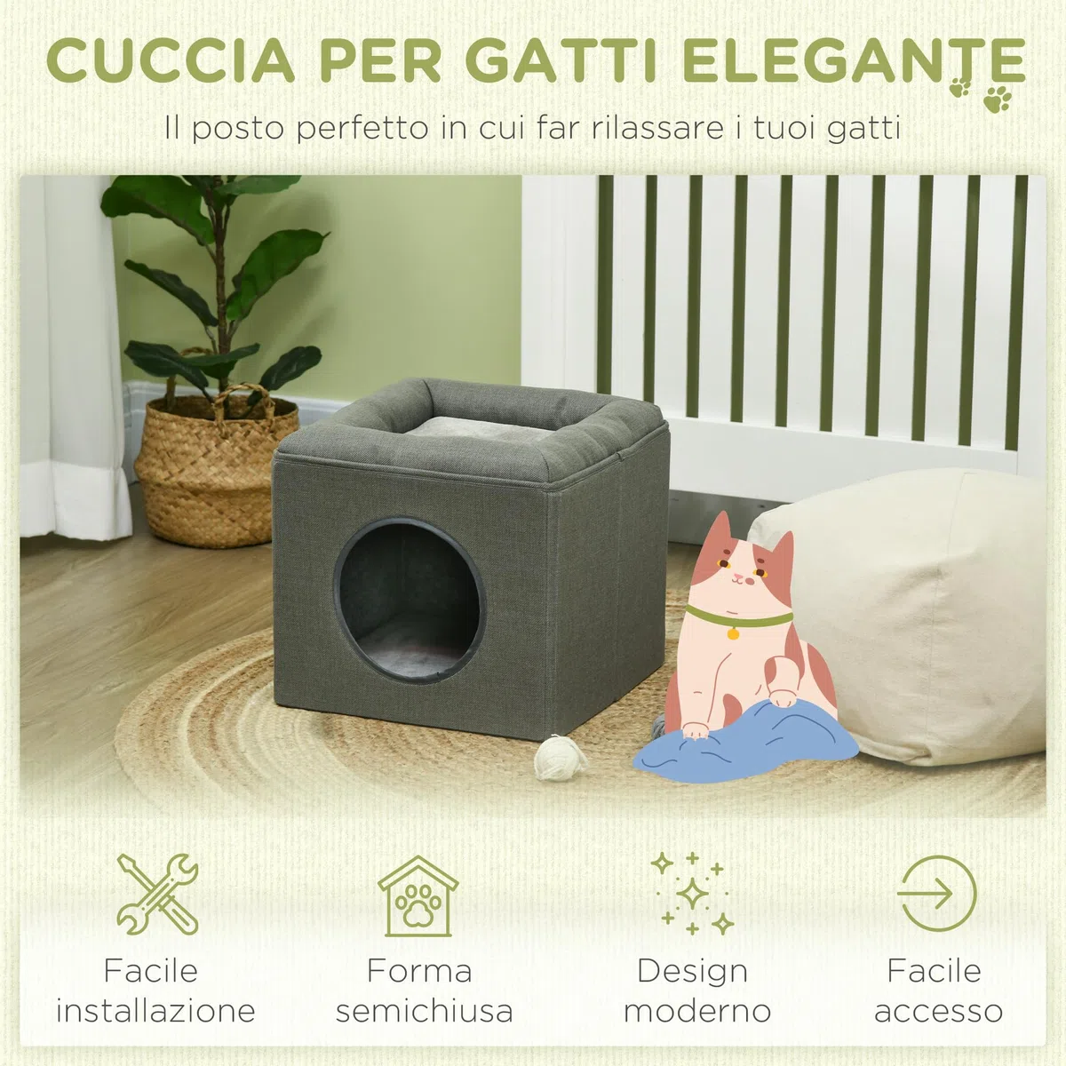 PawHut Casetta per Gatti a 2 Livelli con Cuscino in Peluche e Apertura Frontale, Cuccia per Gatti in MDF, Poliestere e Plastica, 36.5x36.5x33 cm, Verde