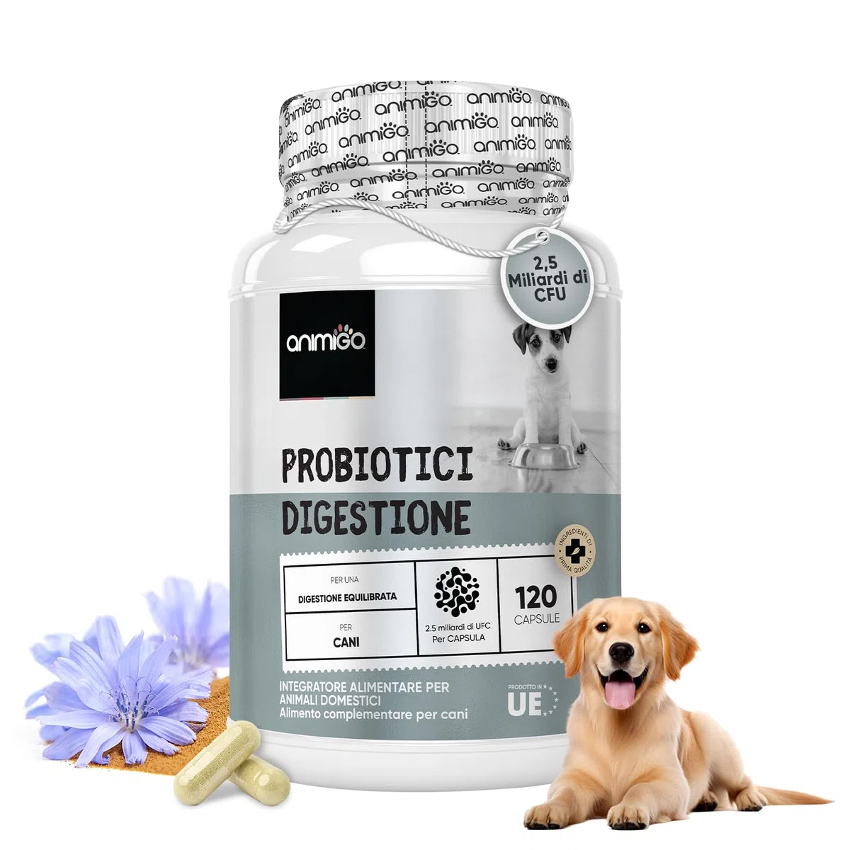 Probiotici per Cani, 2.5 Miliardi di CFU per Capsula, Formula Complex con 14 Nutrienti, Fermenti Lattici Cane in 120 Capsule al Delizioso Sapore di Pollo per Ogni Razza e Taglia, Senza Glutine né OGM