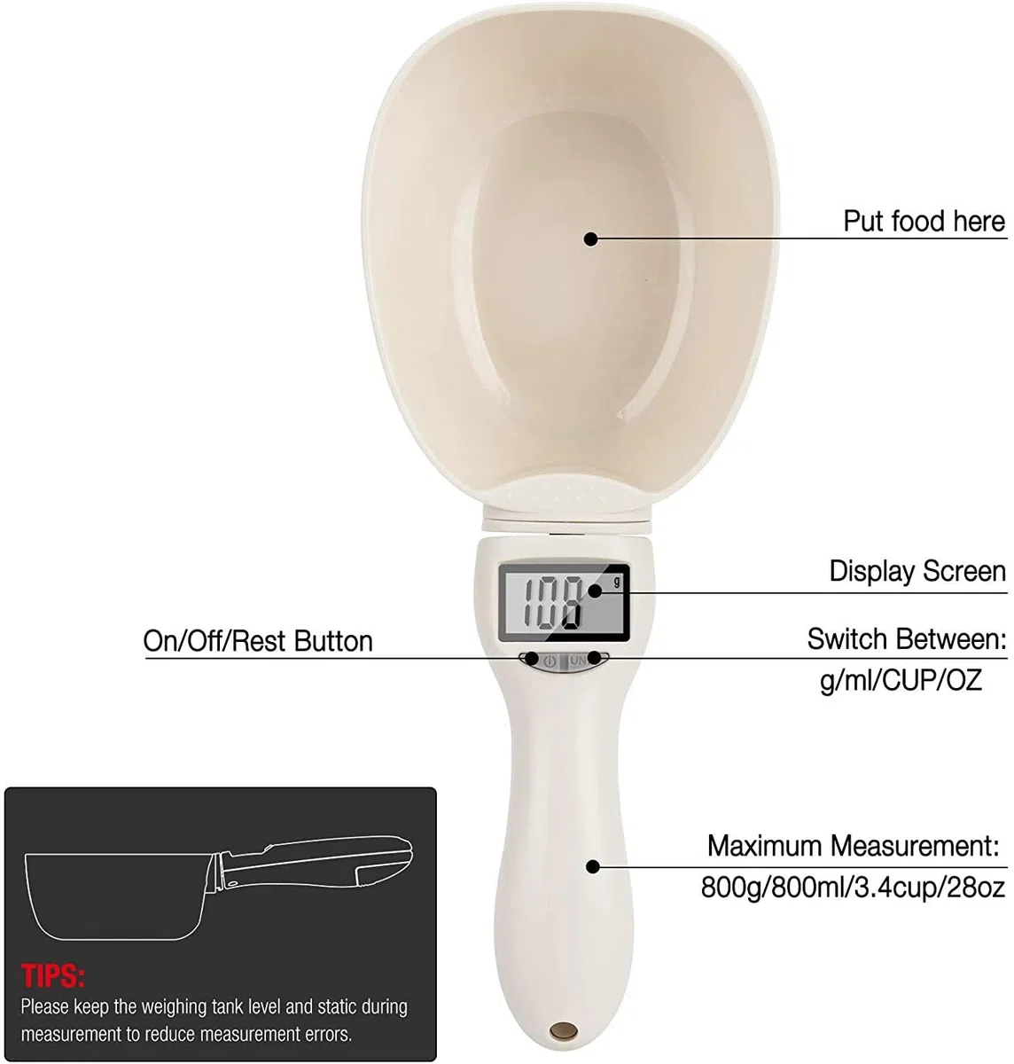 Tyenaza Misurino per Cibo Cani, Cucchiaio Dosatore Elettronico per Alimenti per Animali Domestici con Display LCD, Bilancia Digitale per Cucchiai da Cucin