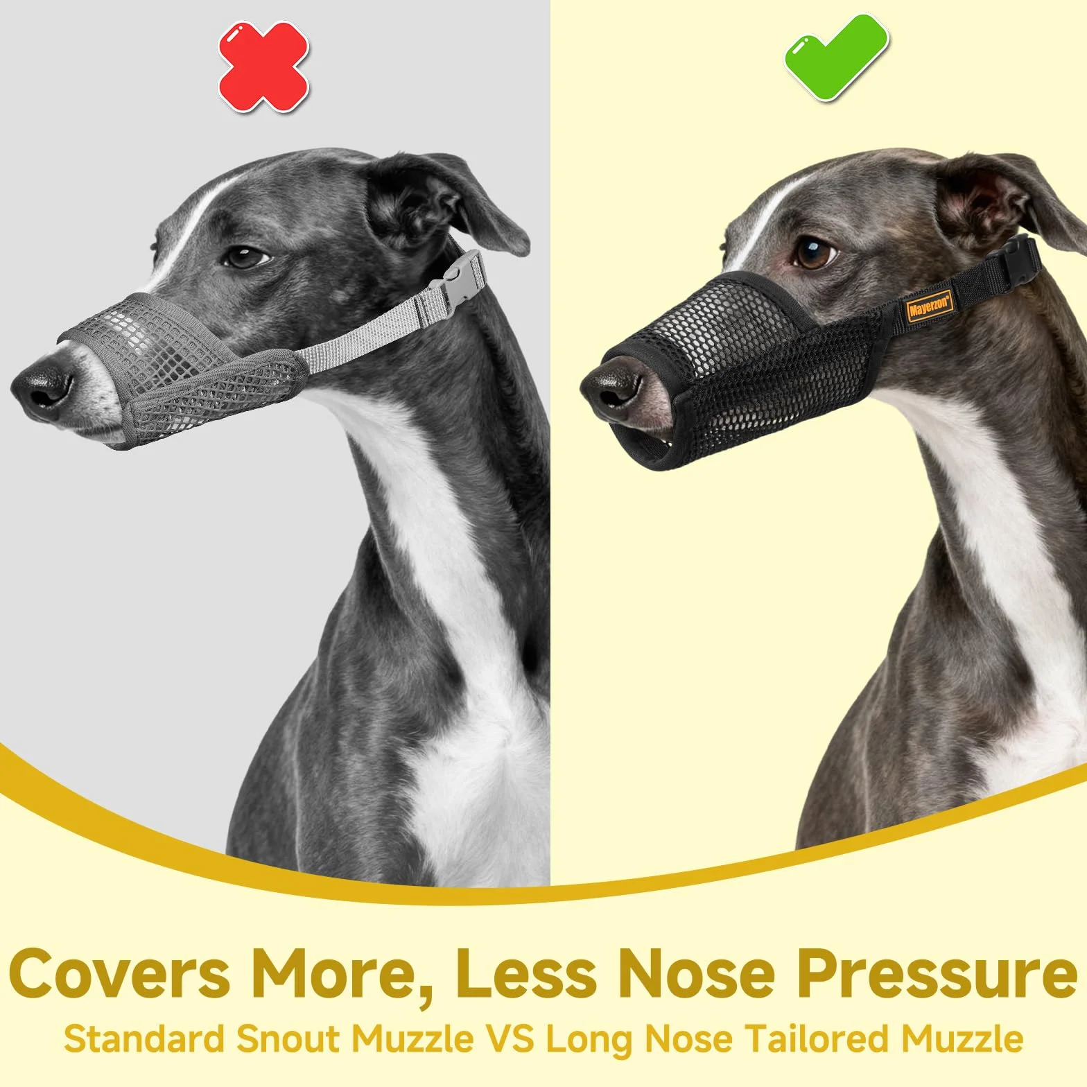 Mayerzon Museruola per cani a whippet per levrieri, museruola in morbida rete per cani a naso lungo per evitare morsi eccessivi da masticare, adatta per toelettatura, visite veterinarie, consente di