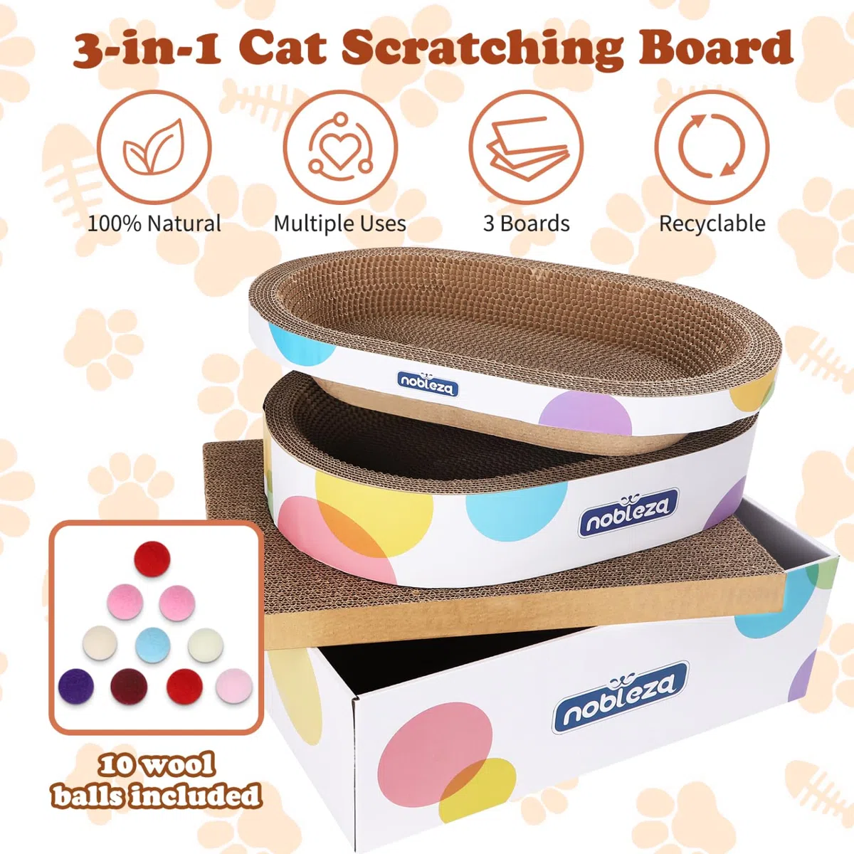 Nobleza Tiragraffi per Gatti 4 in 1 di Cartone Ondulato, Include Cuccia Ovale, Tavola Graffiatoio Piatta, Scatola di Cartone, Palline Giocattolo e Erba Gatta