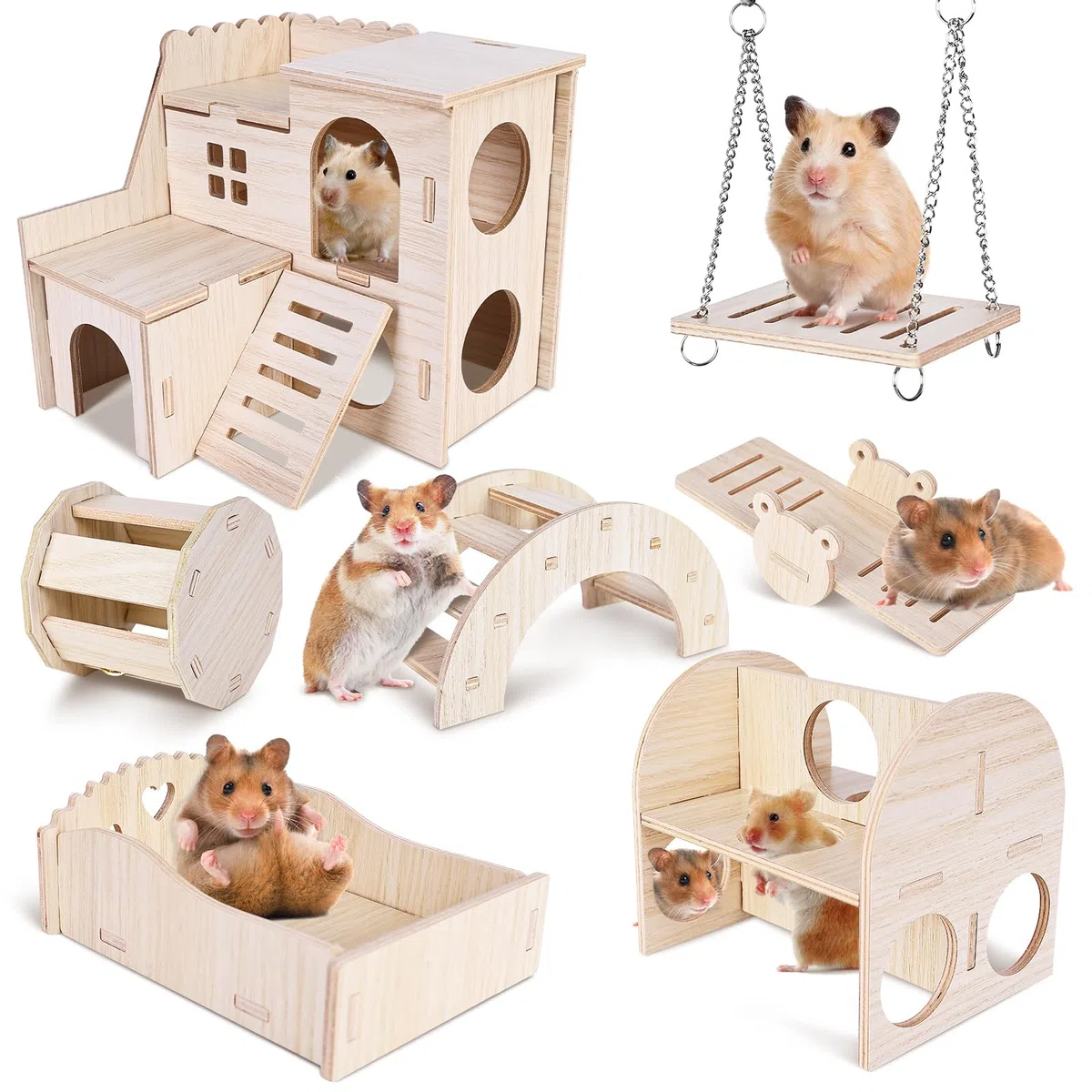 Giochi per Criceti, 7 Pezzi Giochi Criceto in Legno, Gabbia per Criceti, Casetta per Criceti, Criceto Giocattolo Fai Da Te, Accessori per Criceti, Altalena e Ponte per Porcellini D'india