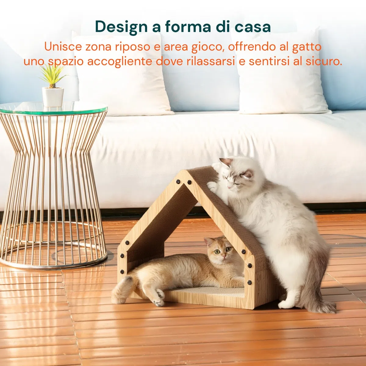 Avilia Tiragraffi per Gatti Casetta in Legno con Rifugio Interno - Graffiatoio e Cuccia 2-in-1 in Cartone Ondulato, Design Salvaspazio 50x30x42 cm, Stabile fino a 10 kg