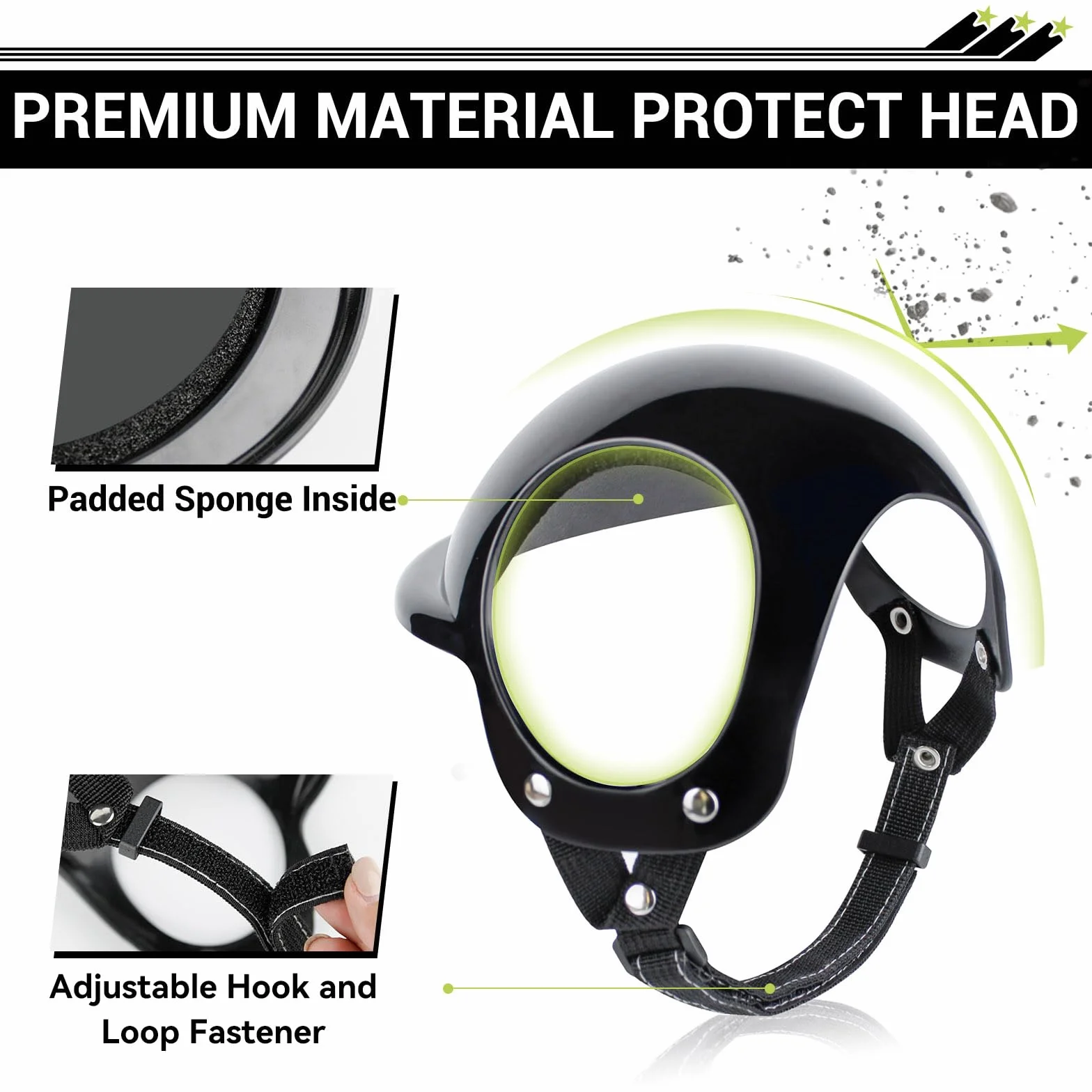 Piccolo casco per cani con fori per le orecchie, regolabile e robusto, per attività all'aperto, moto, bicicletta, nero, S