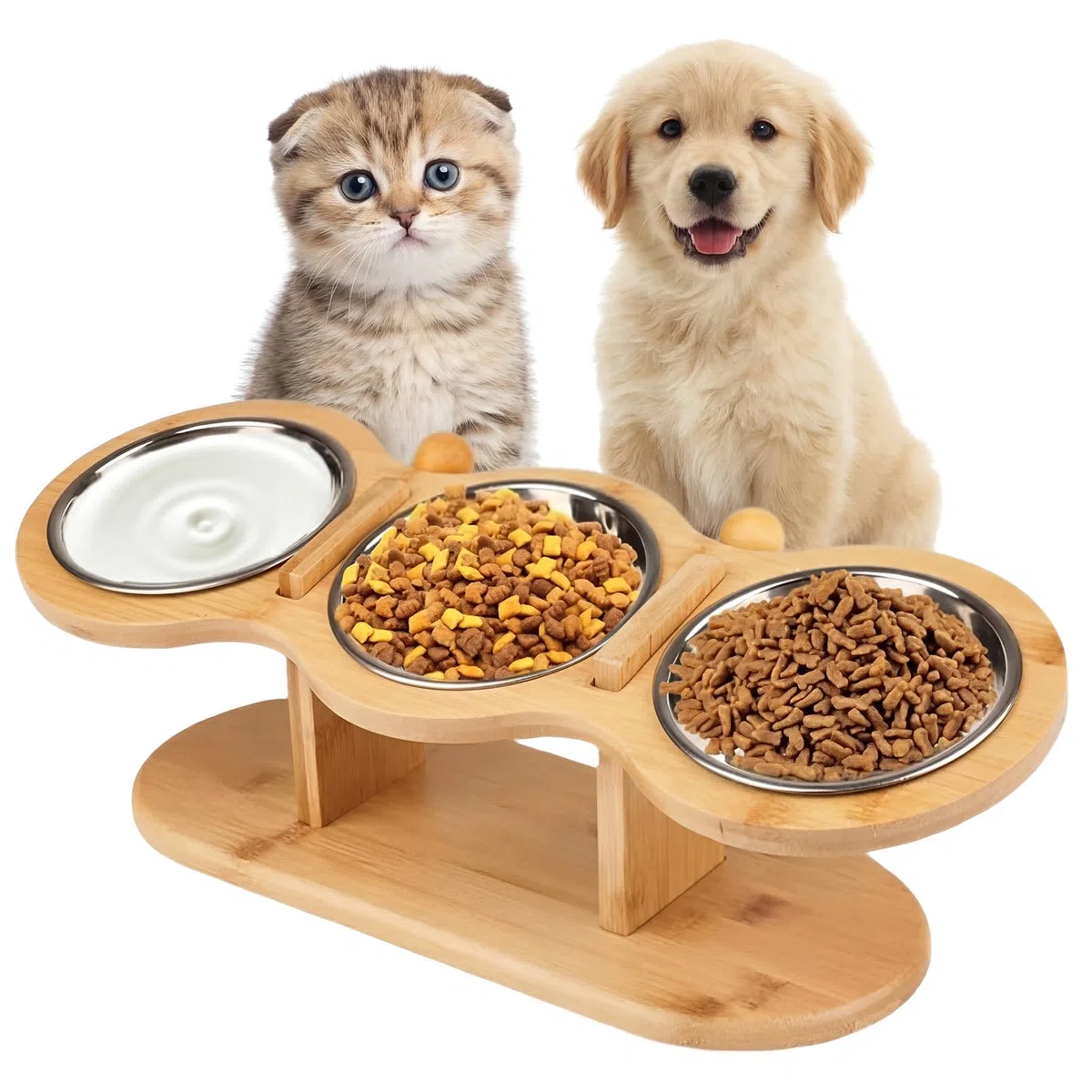 Ciotola per Gatti Rialzata Ciotole Gatto Regolabili Ciotola Gatti Rialzata con 3 Ciotole in Acciaio Inossidabile per Cani Piccoli, Gattini
