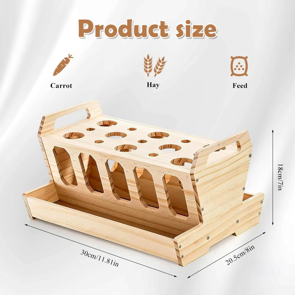 Grande grattugia di fieno per conigli e porcellini d'India, accessori per conigli, mangiatoia con porta carote in legno naturale non trattato, 30 x 22 x 18 cm, ciotola per cibo per conigli, accessori