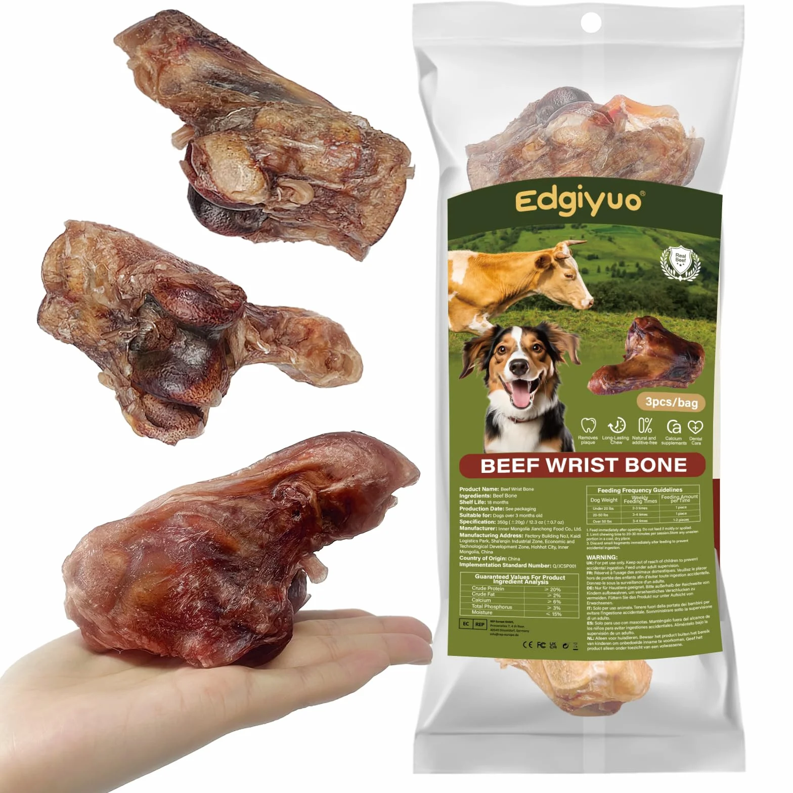 3 pezzi di ossa di polso di manzo nutrito con erba per cani adulti - Snack naturale monocomponente, snack di lunga durata per cani che masticano con forza, razze piccole e grandi (L2)