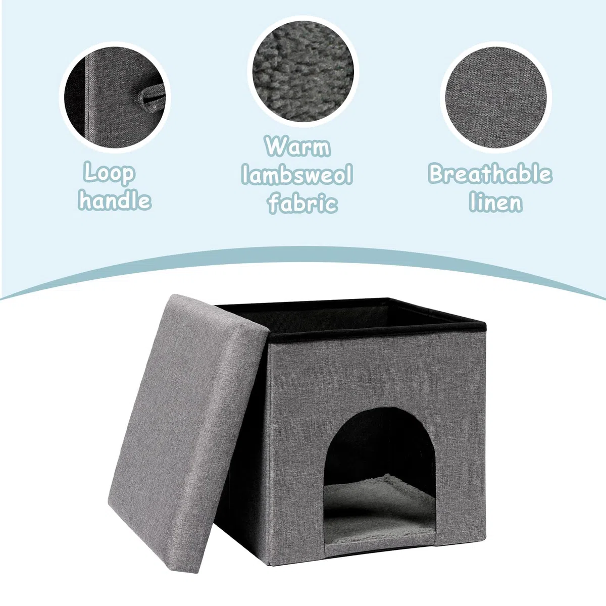 PINPLUS Cuccia per Gatti con Cuscino, Sgabello Pieghevole per Gatto, Cubo Contenitore Stabile con Coperchio Rimovibile, Rifugio Accogliente per Dormire e Giocare