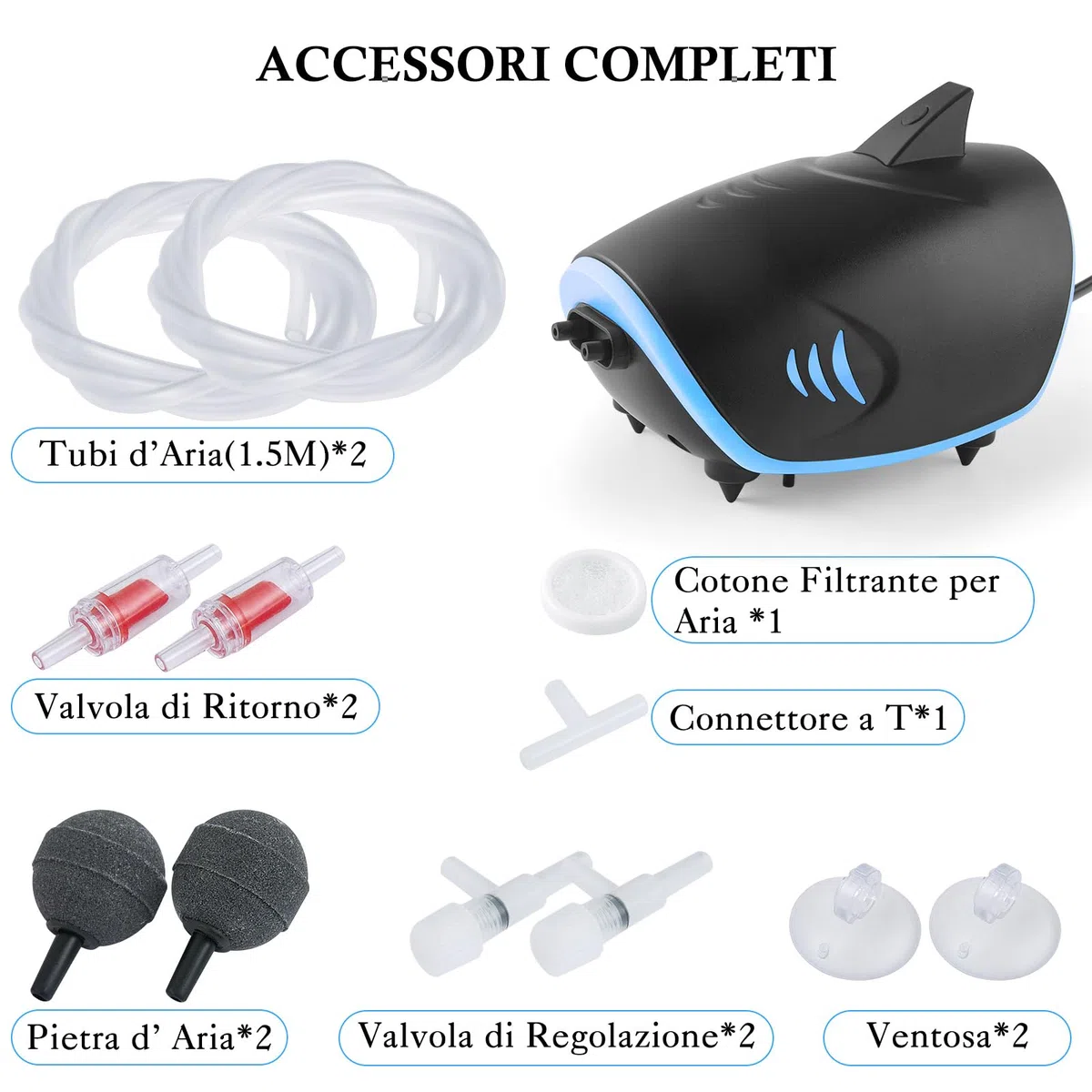 3W Pompa d'Aria per Acquario, Ossigenatore per Acquario Silenzioso con capacità di 5L/Min, Aeratore per Acquario Regolabile per Serbatoi fino a 400 Litri