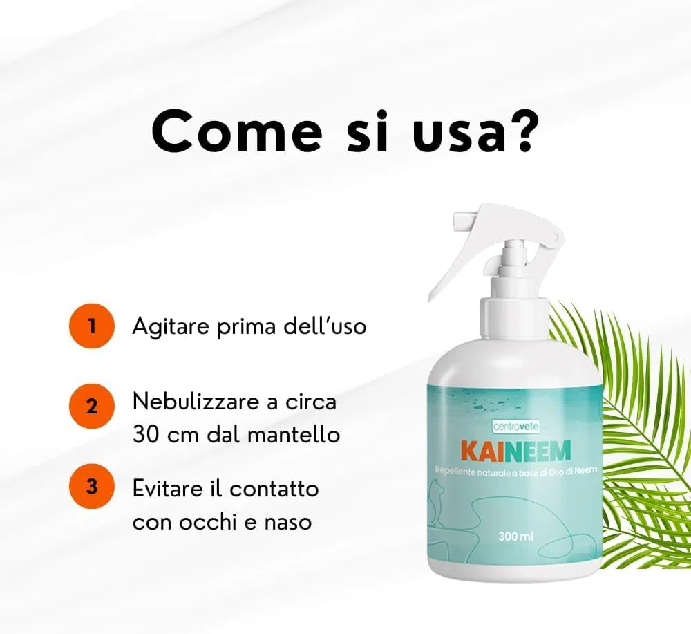 Centrovete - Kaineem Spray Repellente All'Olio di Neem - Per Cani e Gatti - Antiparassitario Naturale con Effetto Barriera Contro Parassiti Esterni - 2 Flaconi Spray da 300ml