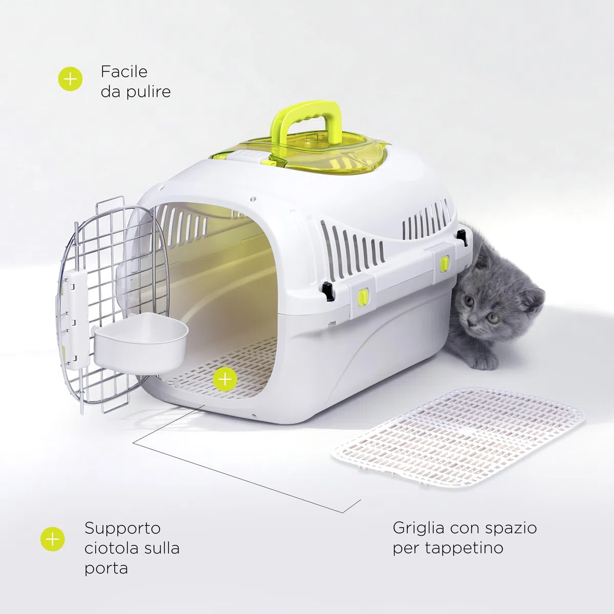 SAFY Trasportino Rigido per Gatti e Cani fino a 5 kg per Auto, Ventilato, Facile da Pulire, con Apertura Superiore per Controllo, Maniglia, Porta in Metallo con Doppia Sicura e Ciotola Inclusa