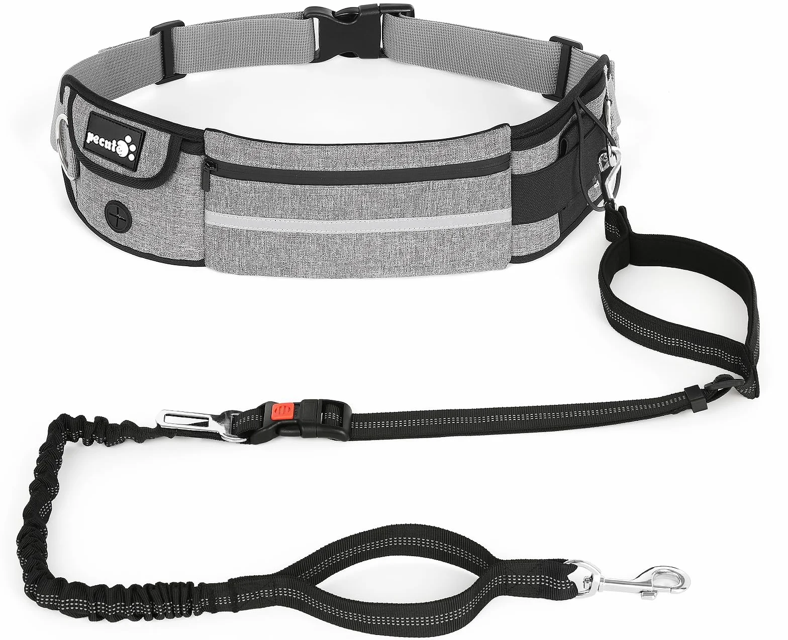 Pecute Guinzaglio Mani Libere per Cani,Guinzaglio per Cani, Camminata, Allenamento, Escursionismo, Cintura in Vita Regolabile e Custodia per l'acqua, per Corsa, Jogging, Grigio Chiaro