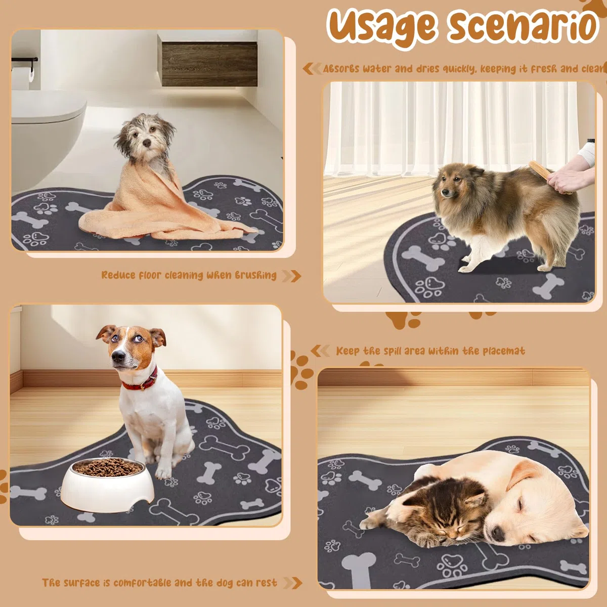 Tappetino per cibo per cani, antiscivolo, super assorbente, ad asciugatura rapida, a forma di osso, per cibo e acqua