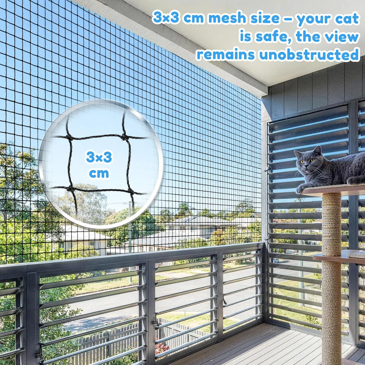 Rete per Gatti Balcone 4×3 m,6×3m,Rinforzata con Filo d'Acciaio, Senza Perforazione, Anti-Morso, Resistente allo Strappo e ai Raggi UV, per Terrazzo, Include Corda di Fissaggio e Chiodi(4 * 3)