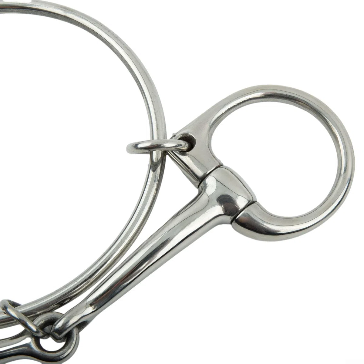 Morso per cavallo a mezza guancia realizzato in acciaio inossidabile con finitura liscia e punti di fissaggio funzionali ad anello