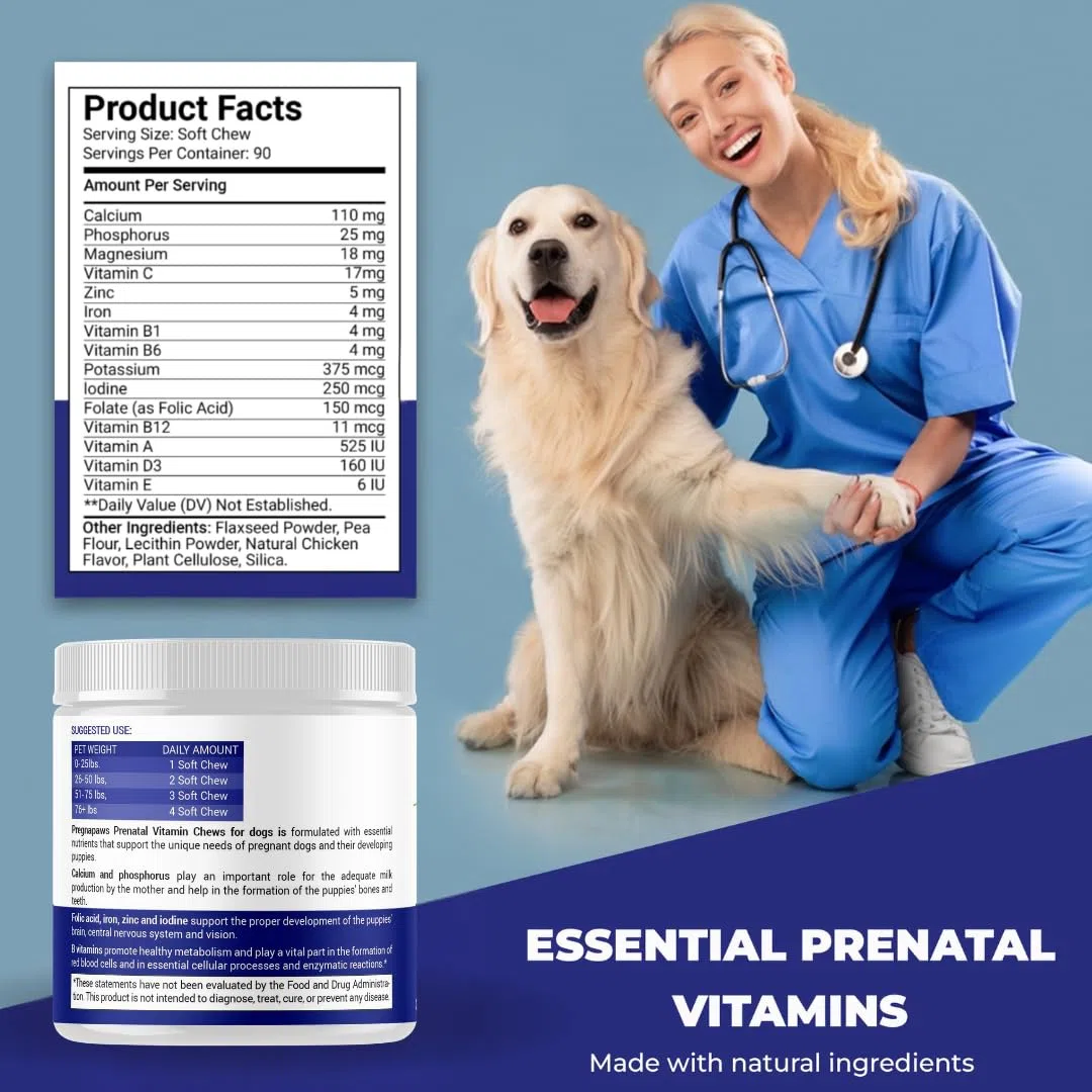 Integratore Gravidanza per Cani – Vitamine Prenatali Naturali per Mamme e Cuccioli Sani – Acido Folico, Ferro, Calcio – 90 Compresse Masticabili al Gusto Pollo