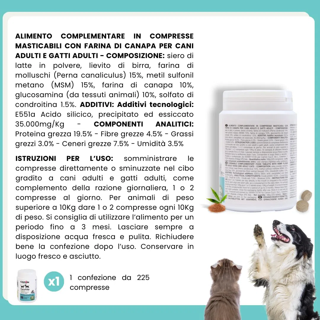 CAMON | Canahelp Compresse, Alimento Complementare per Cani e Gatti, Supporta la Crescita e il Mantenimento in Salute dell'Organismo, 225 Compresse da 180g