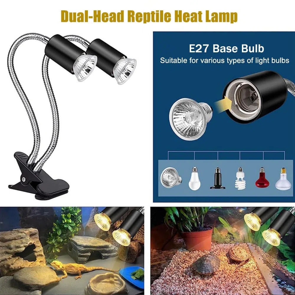 KINGYEENUO Lampada di Calore rettile a Doppia Testa con Timer, Lampadine a 3 Pacchetti: 2x50W 1x25W UVA + UVB E27 Basking Luce, Lampada a Clip Rotabile a 360° con Controllo Separato per Tartaruga