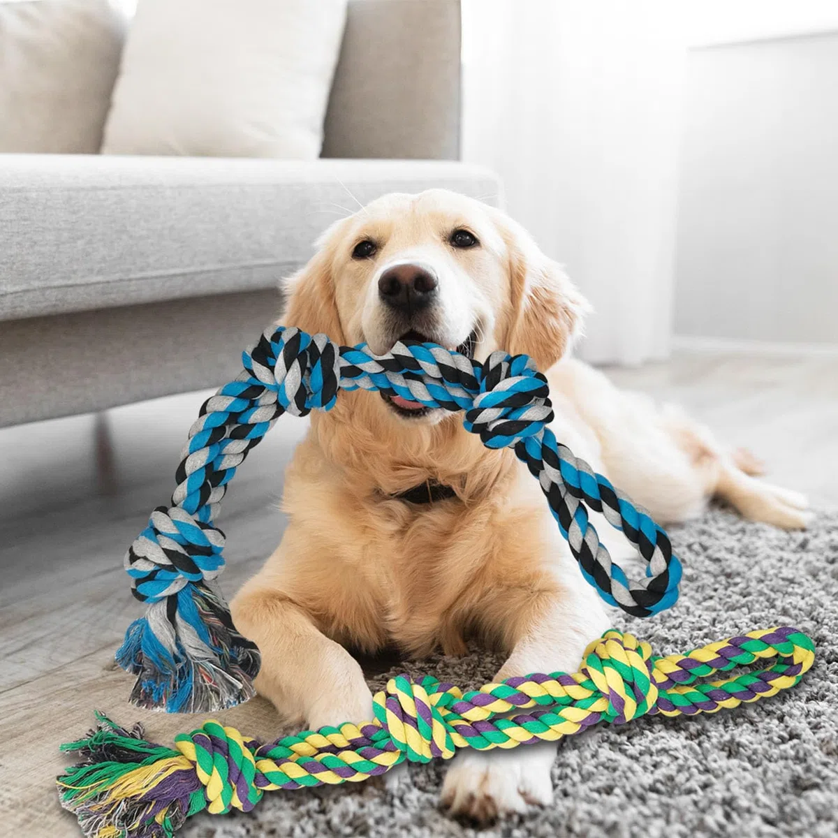 Corda da Gioco per Cani in Puro Cotone, 3 Nodi, 55 CM/390g, Confezione da 2 Giocattoli Indistruttibili da Masticare per Tiro