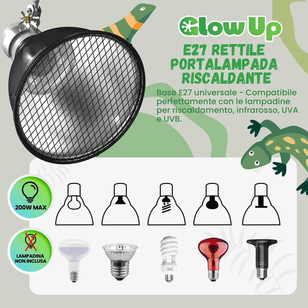 GlowUp Portalampada Riscaldante con Timer e Dimmer per Tartarughe e Rettili, Riflettore E27 100W per Lampadine UVA/UVB e Infrarossi (Senza lampadina)